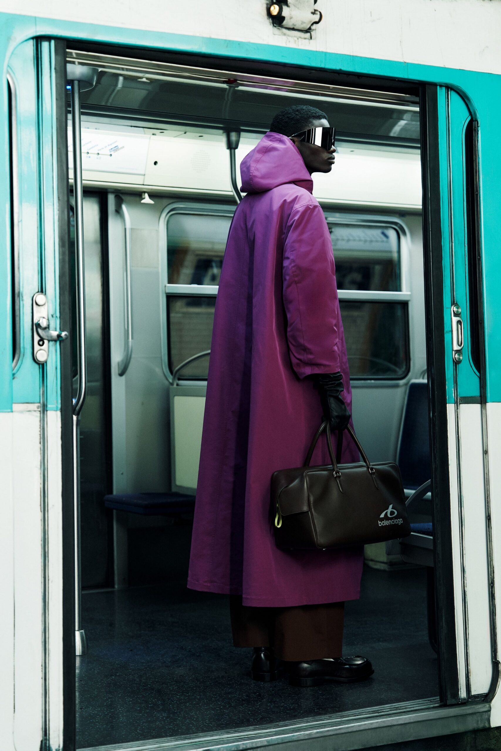 purple vinyl long-sleeve hooded oversized maxi coat