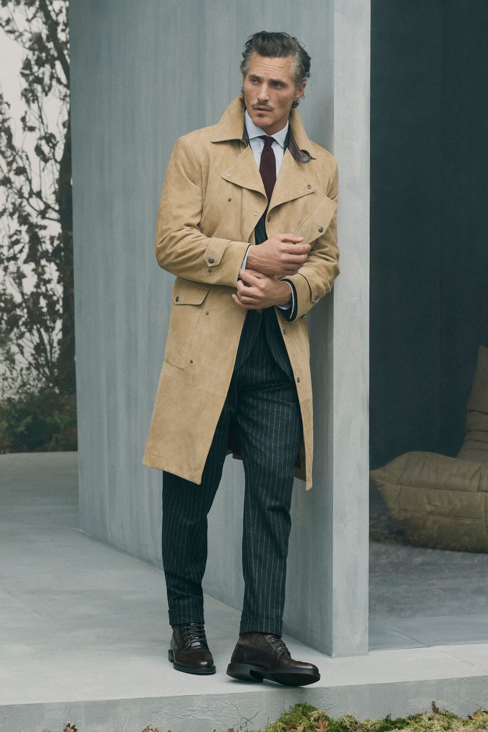 beige suede long-sleeve collared structured buttoned trench