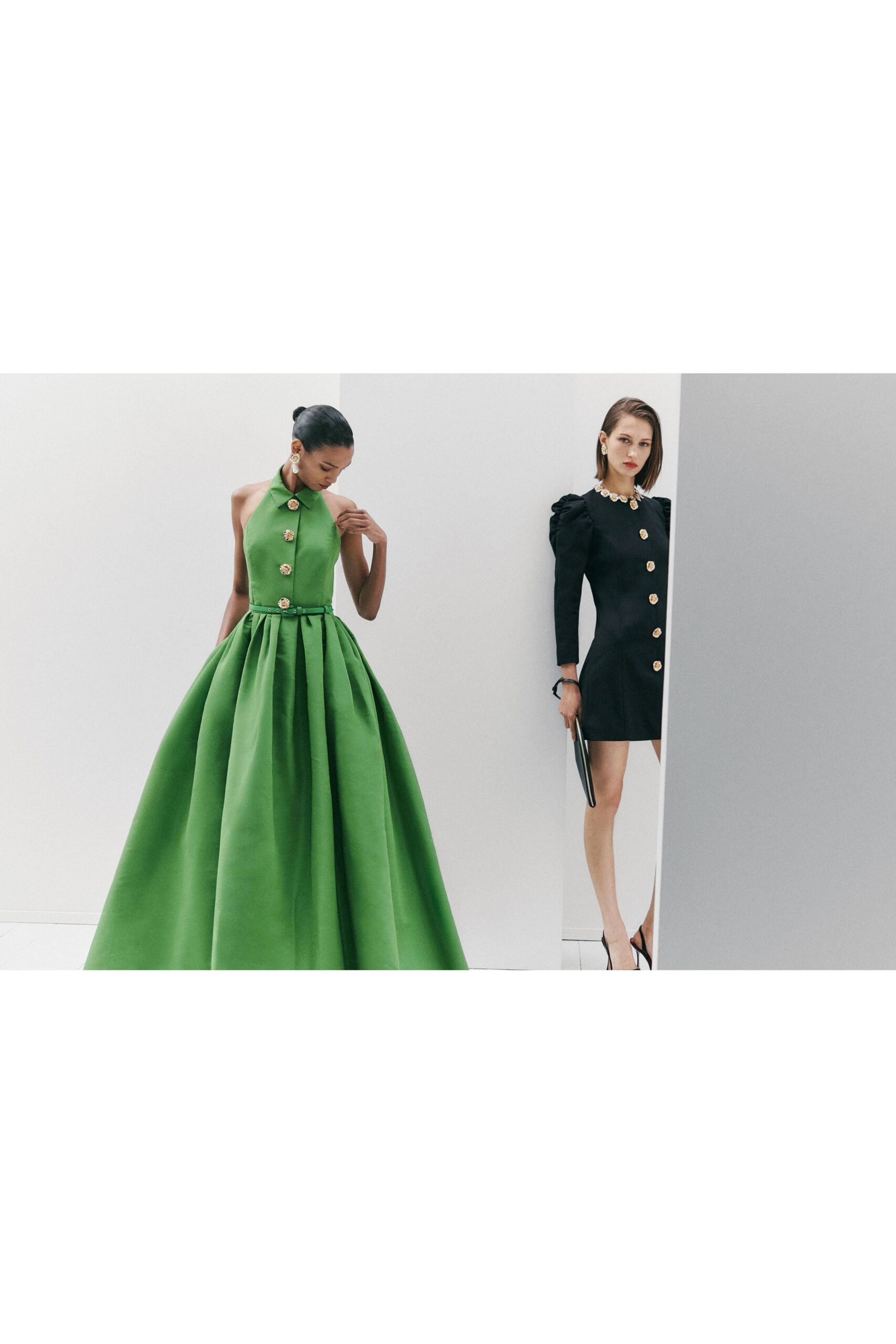 green silk sleeveless collared fitted pleated maxi gown
