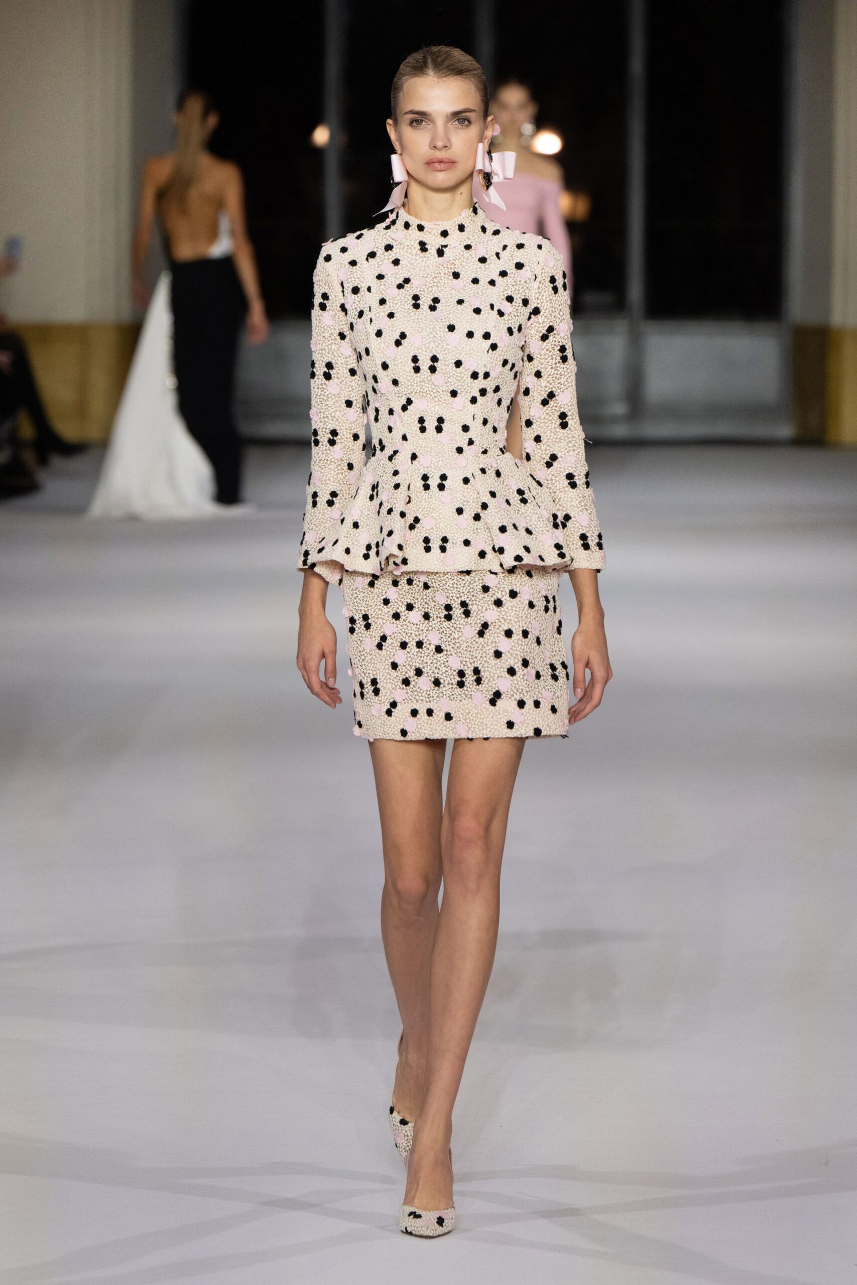 pink silk long-sleeve high-neck fitted pleated beaded dress