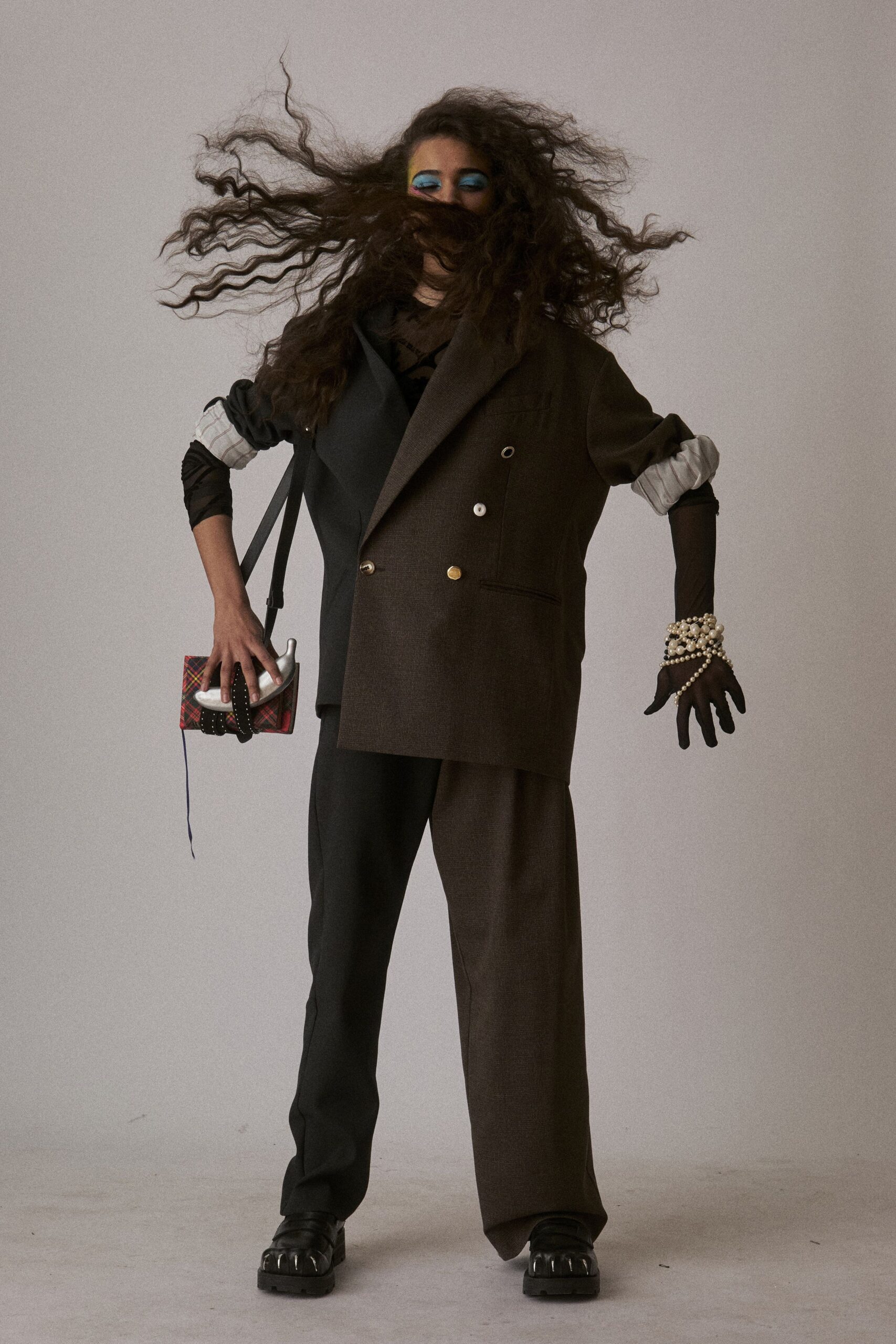 brown tweed long-sleeve collared structured blazer
