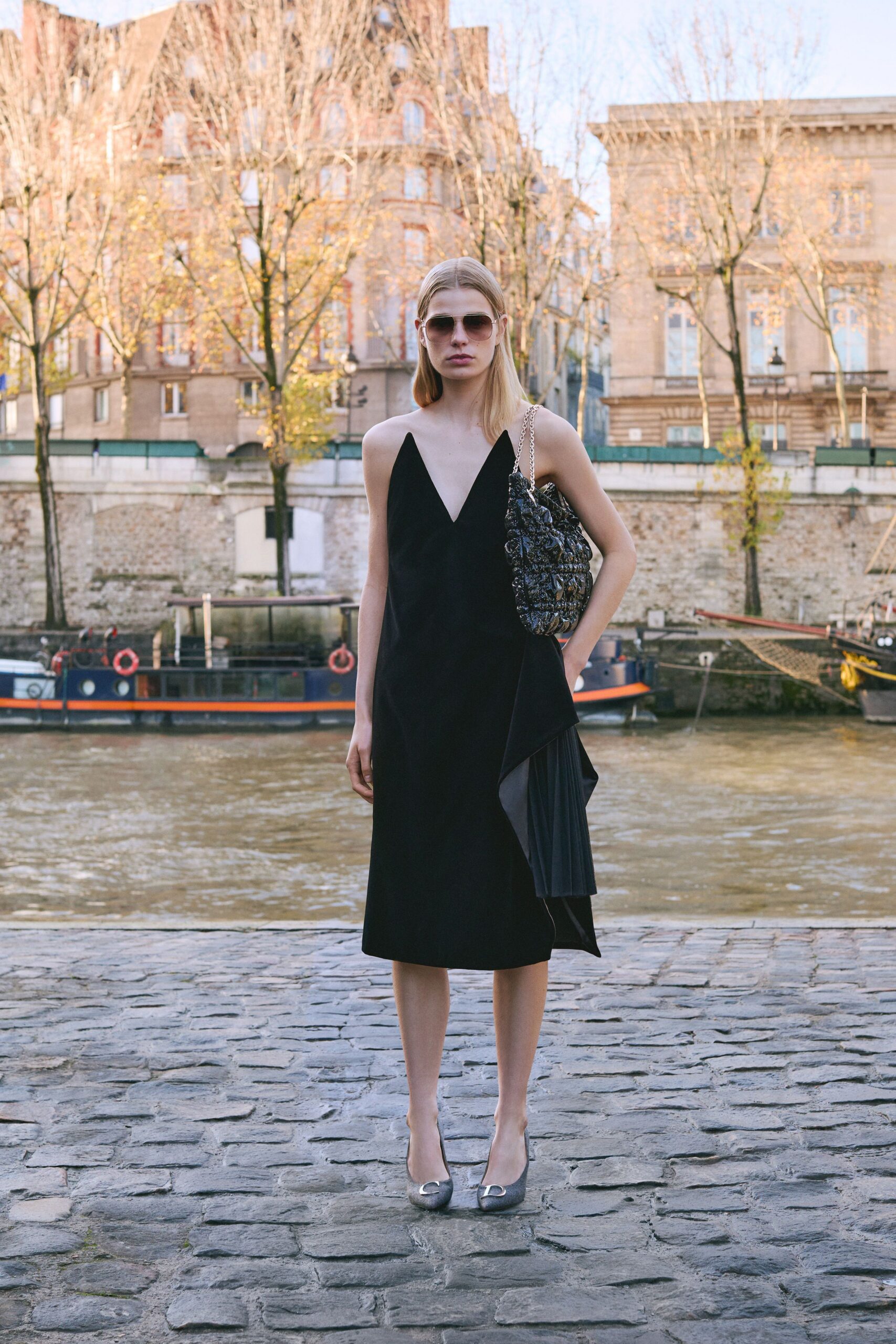 black silk sleeveless midi dress
