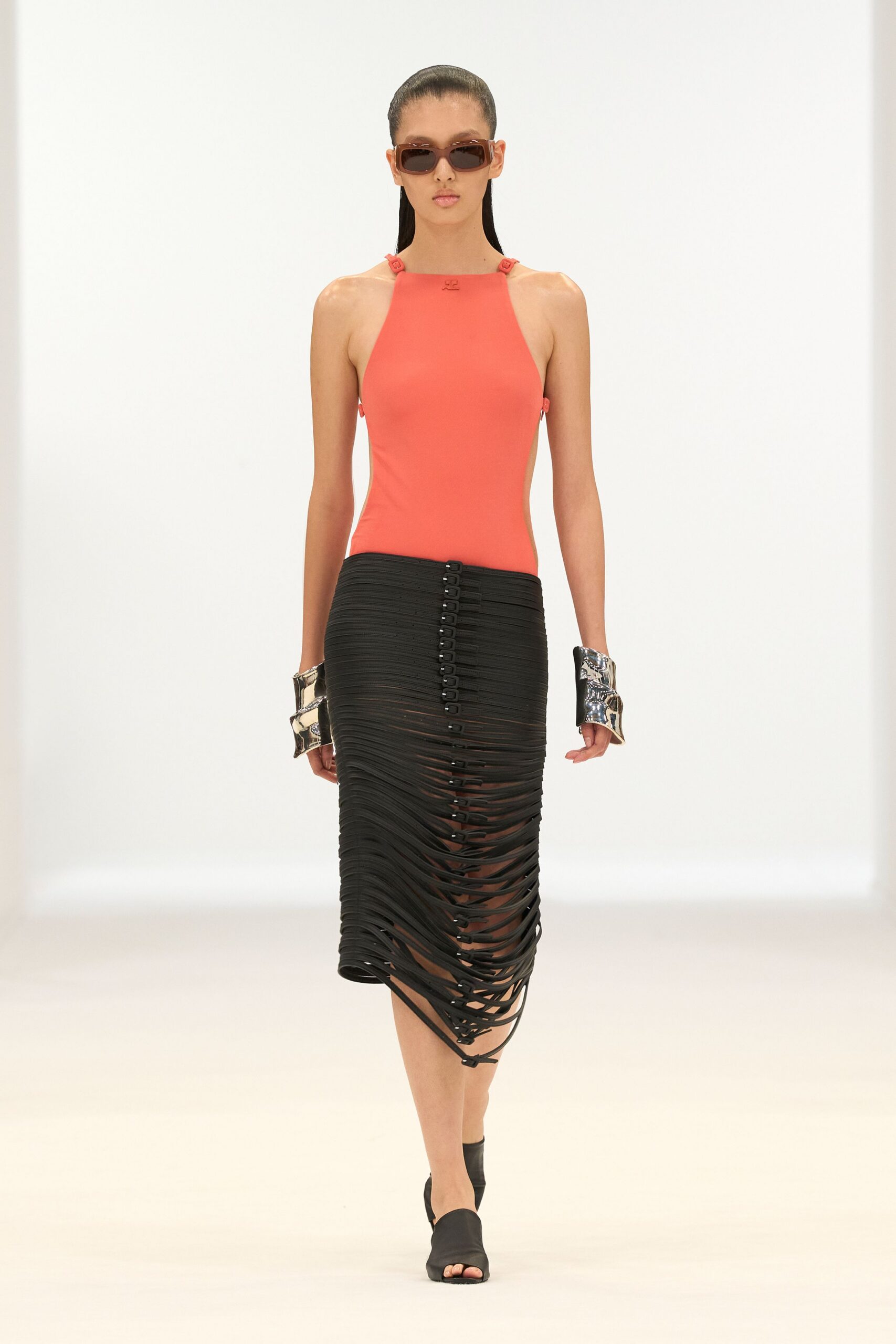 coral cotton sleeveless high-neck fitted top