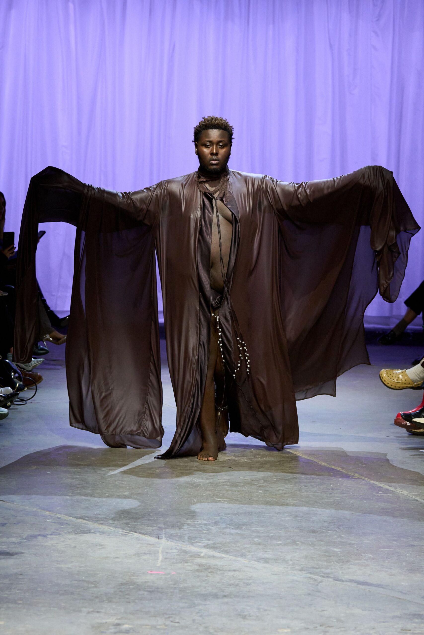 brown silk long-sleeve relaxed draped flowing cape
