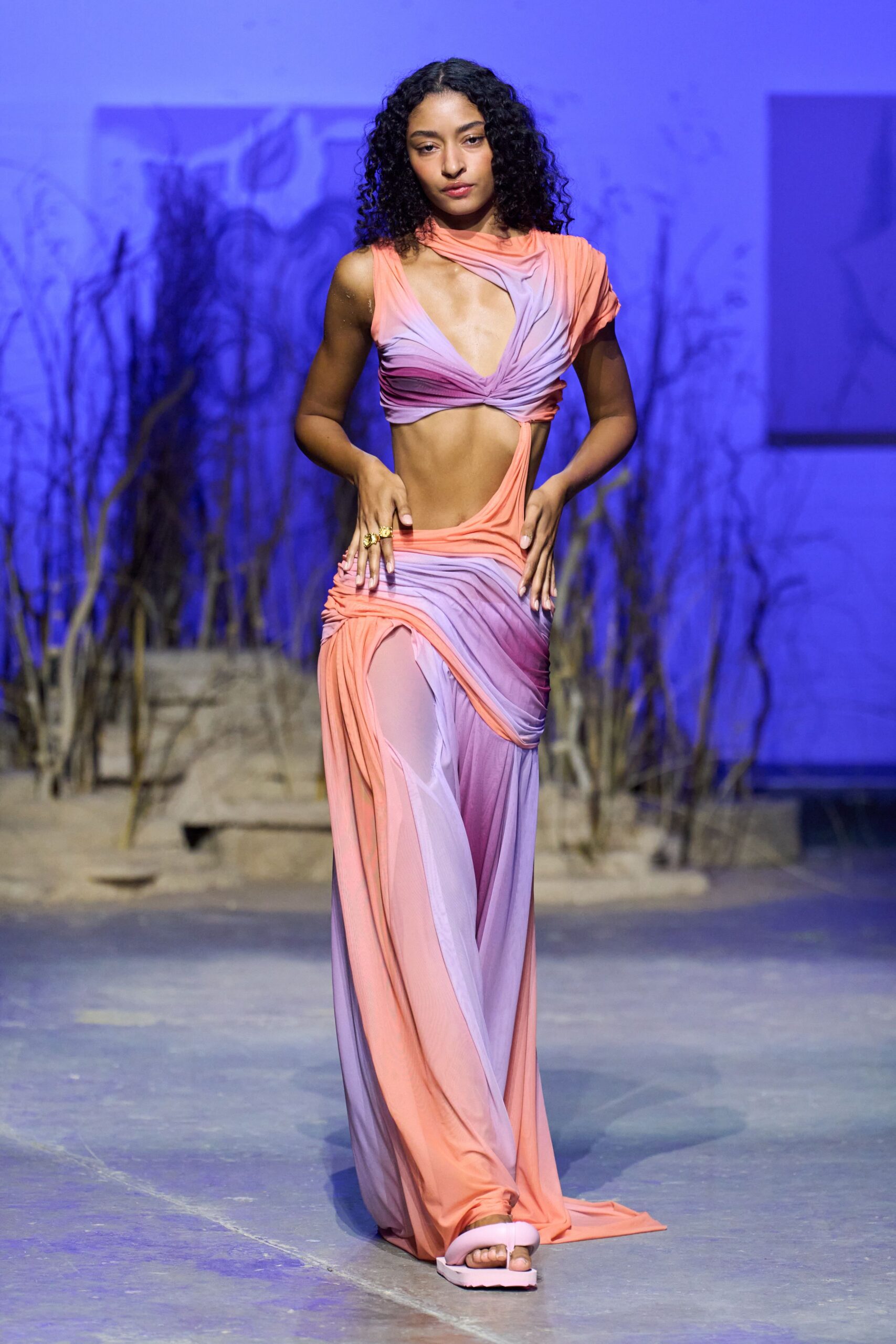 orange silk sleeveless cutout fitted draped ruched gown