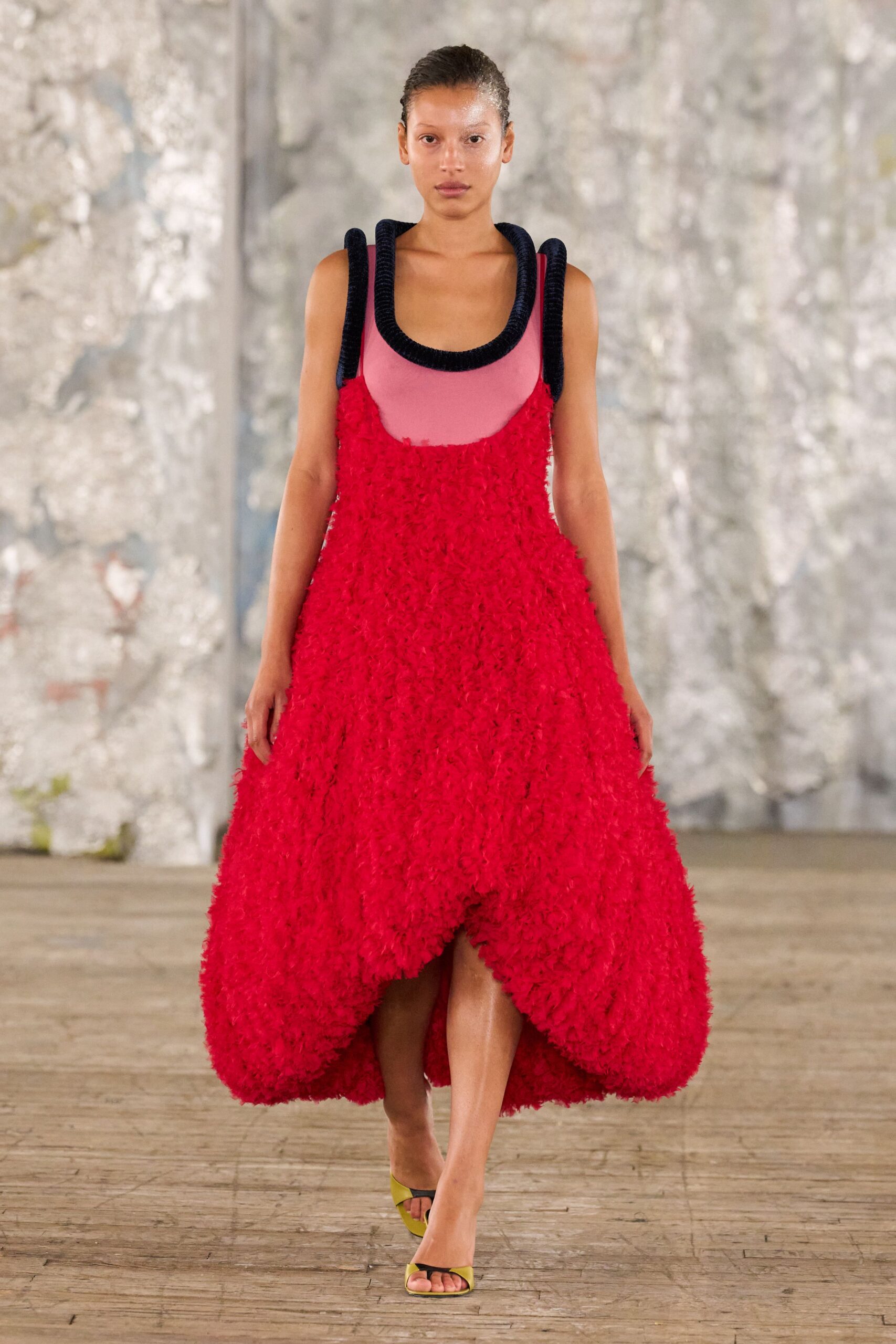 red silk sleeveless high-neck relaxed ruffled layered dress