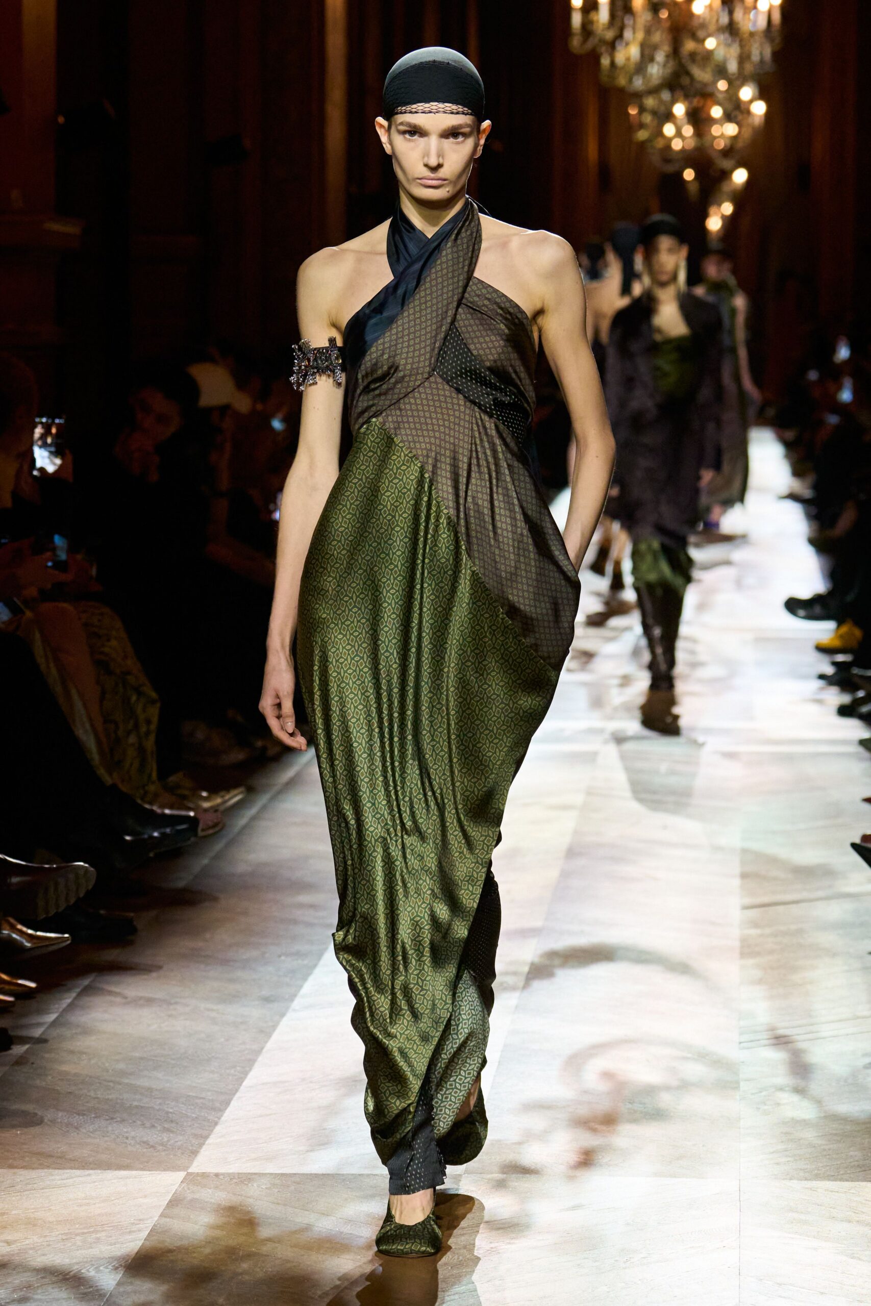 green silk sleeveless asymmetric fitted draped flowing gown