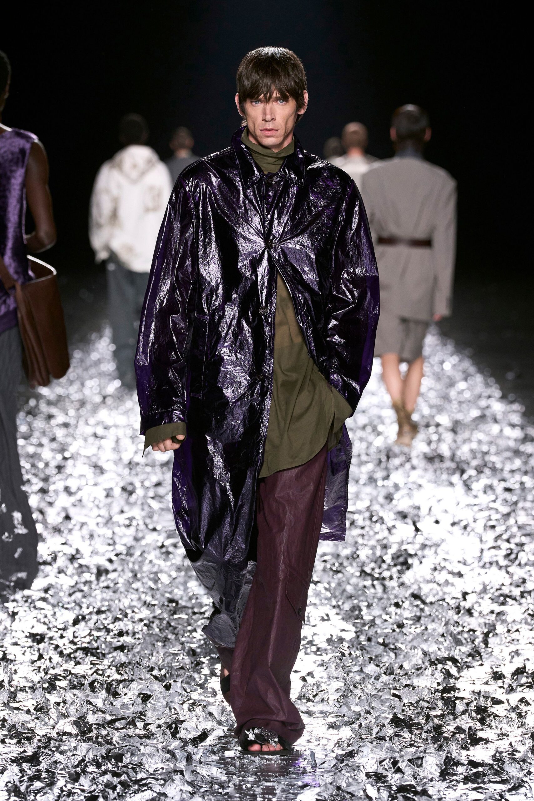purple vinyl long-sleeve relaxed zippered shiny coat