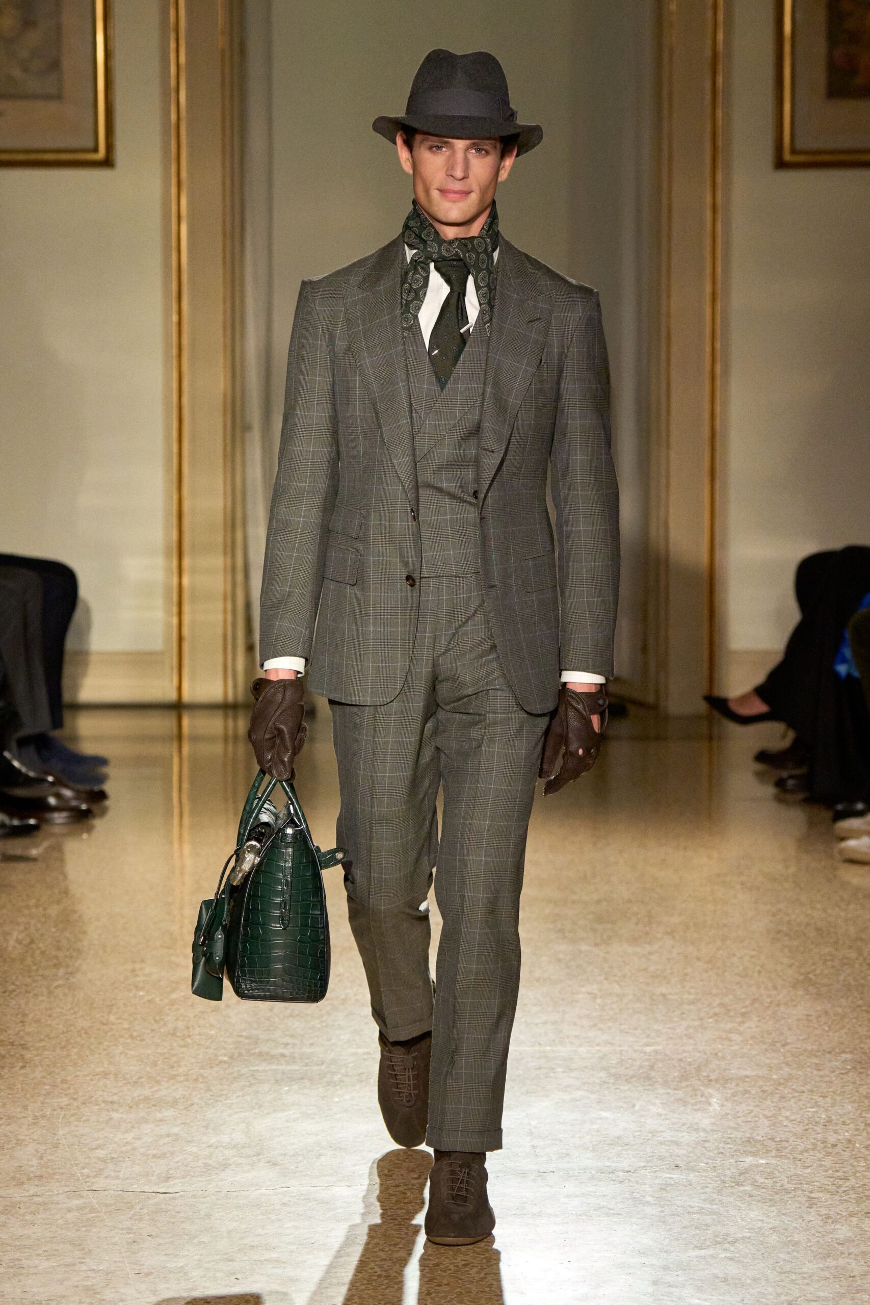 gray tailored suit with accessories