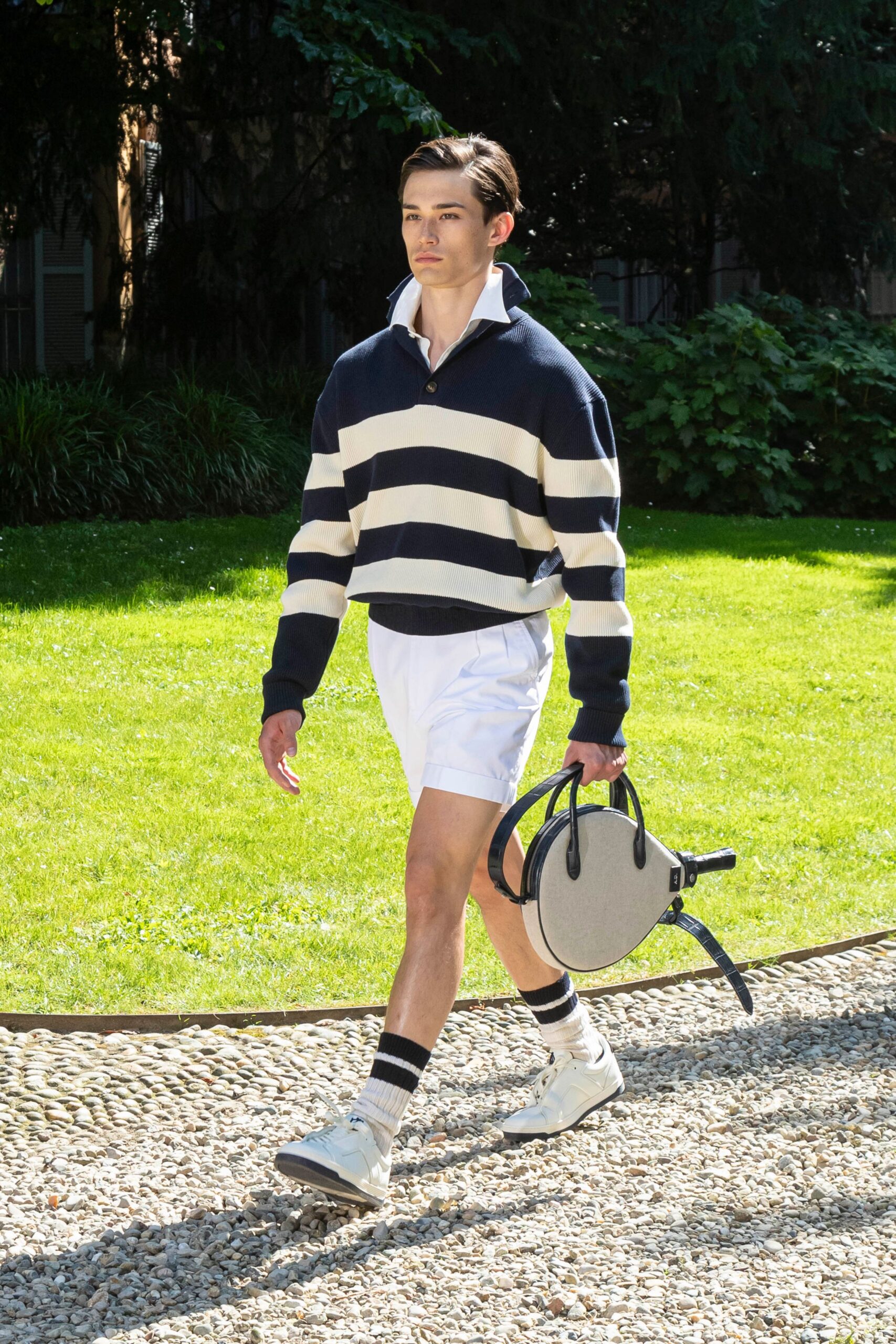 navy and white striped sweater with shorts