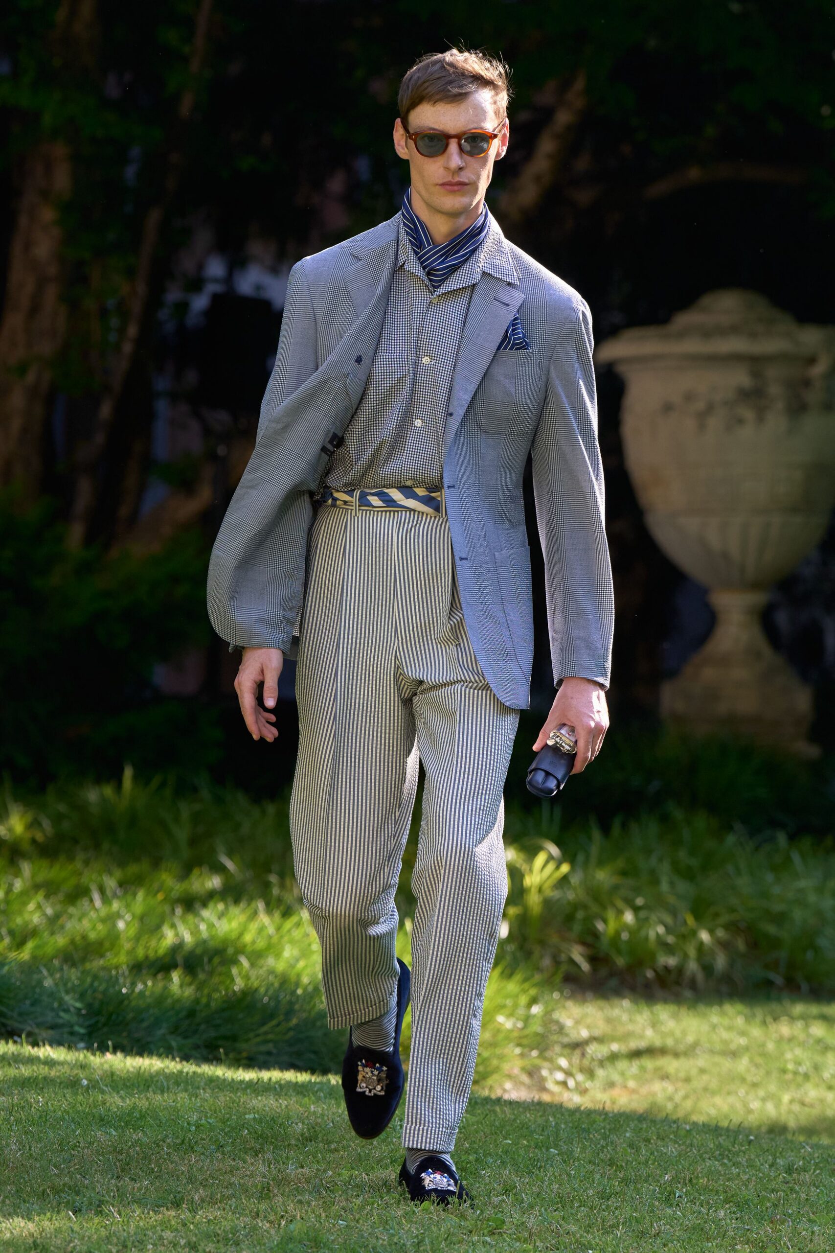gray blazer blue shirt striped pants