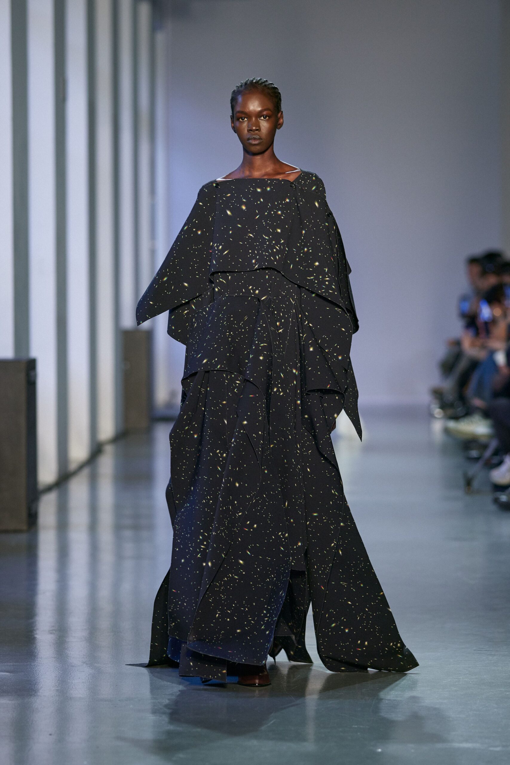 black layered off-shoulder gown