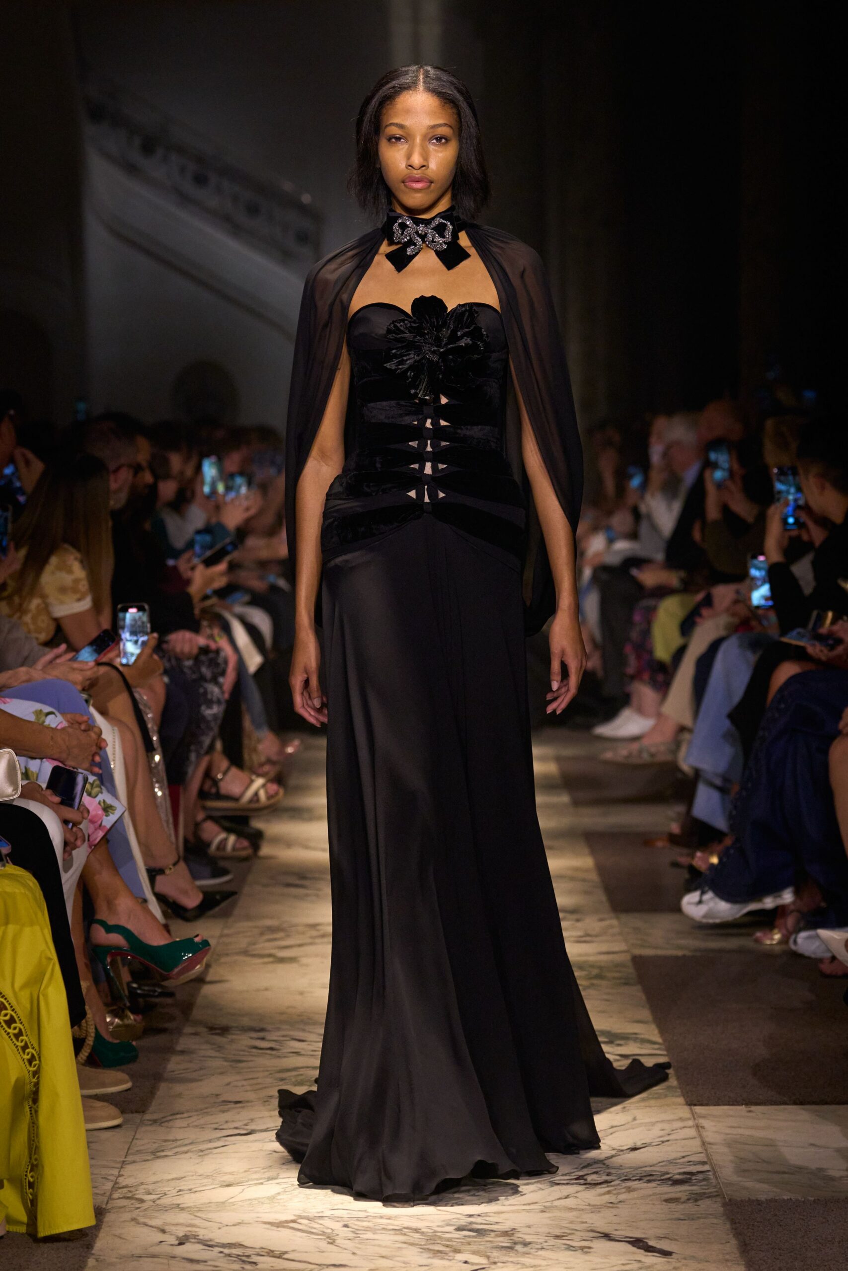 black velvet gown with cape