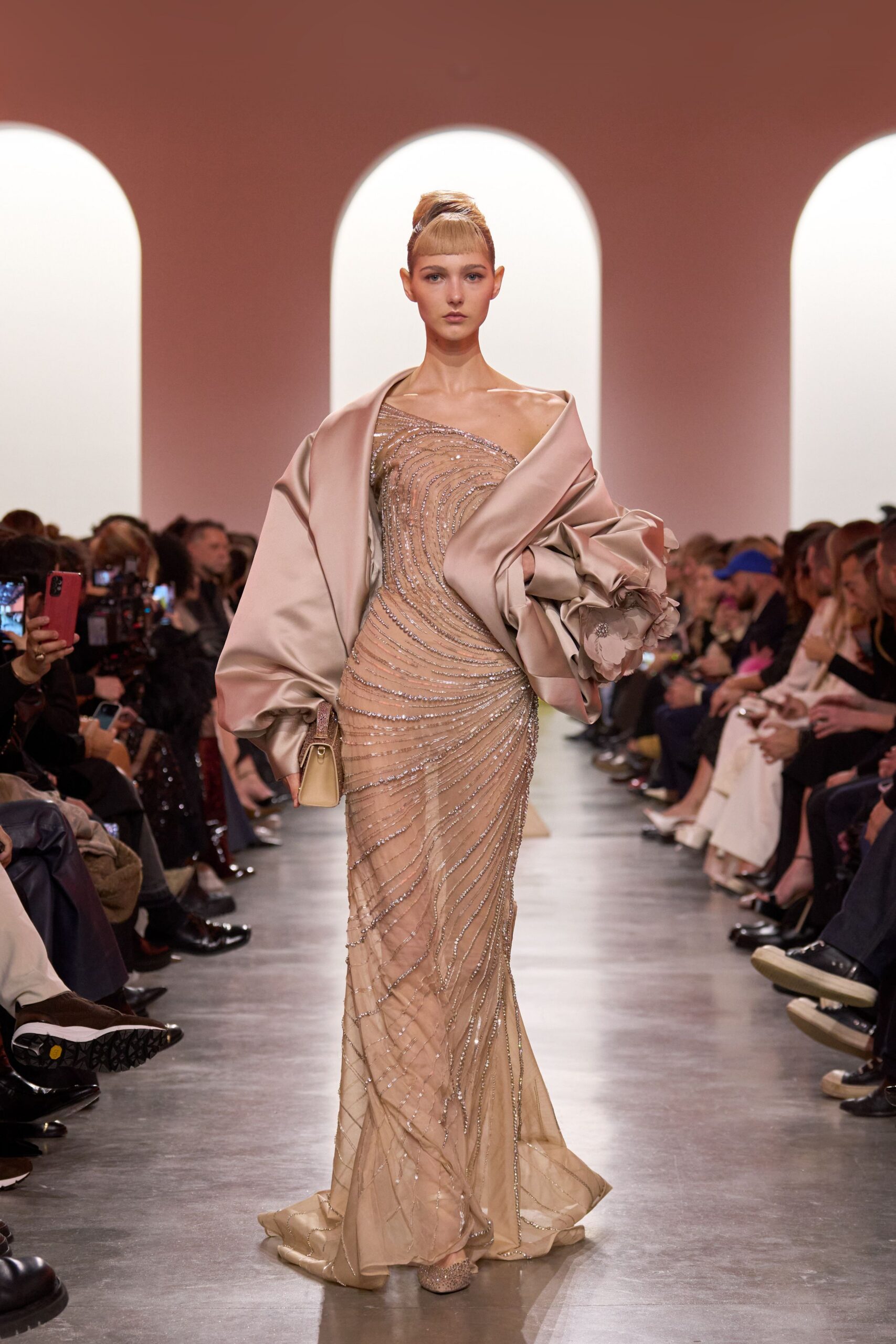 pink silk long-sleeve oversized draped coat