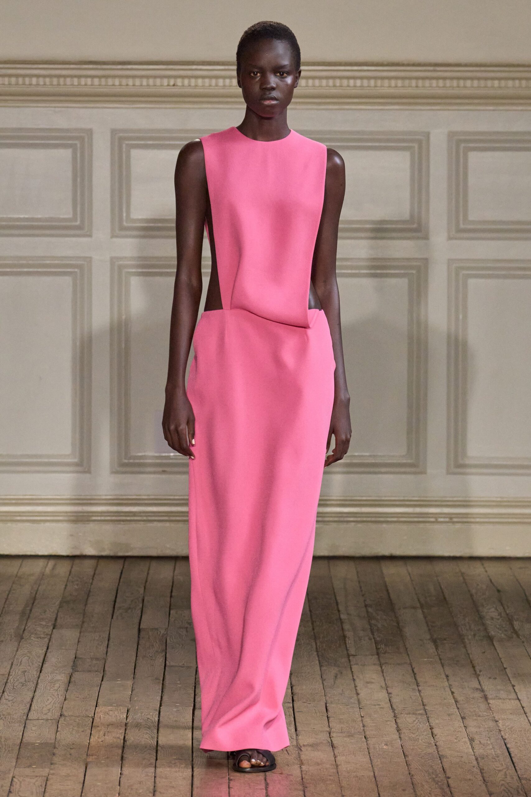 pink silk sleeveless high-neck fitted draped maxi gown