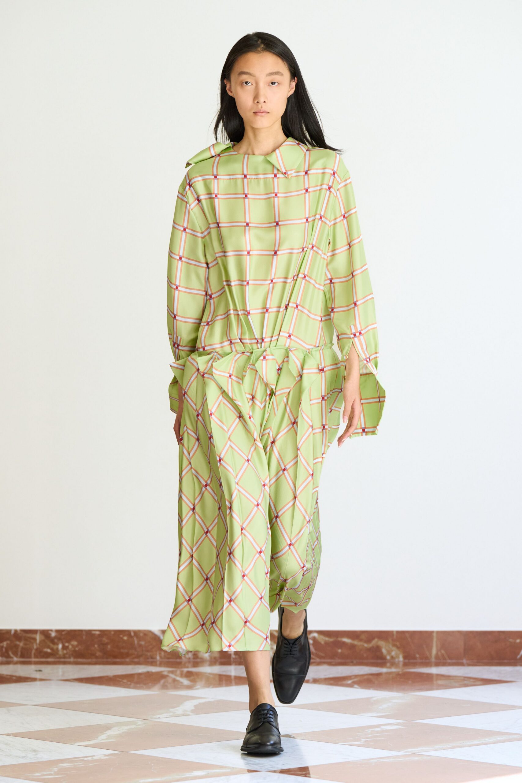 green silk long-sleeve collared relaxed checked tiered dress