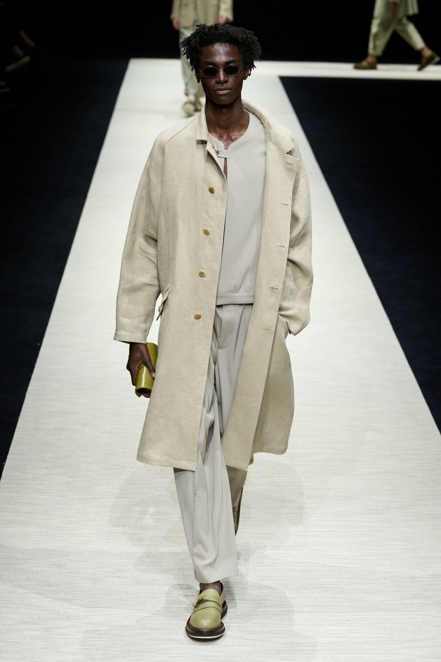 beige linen long-sleeve collared relaxed buttoned coat