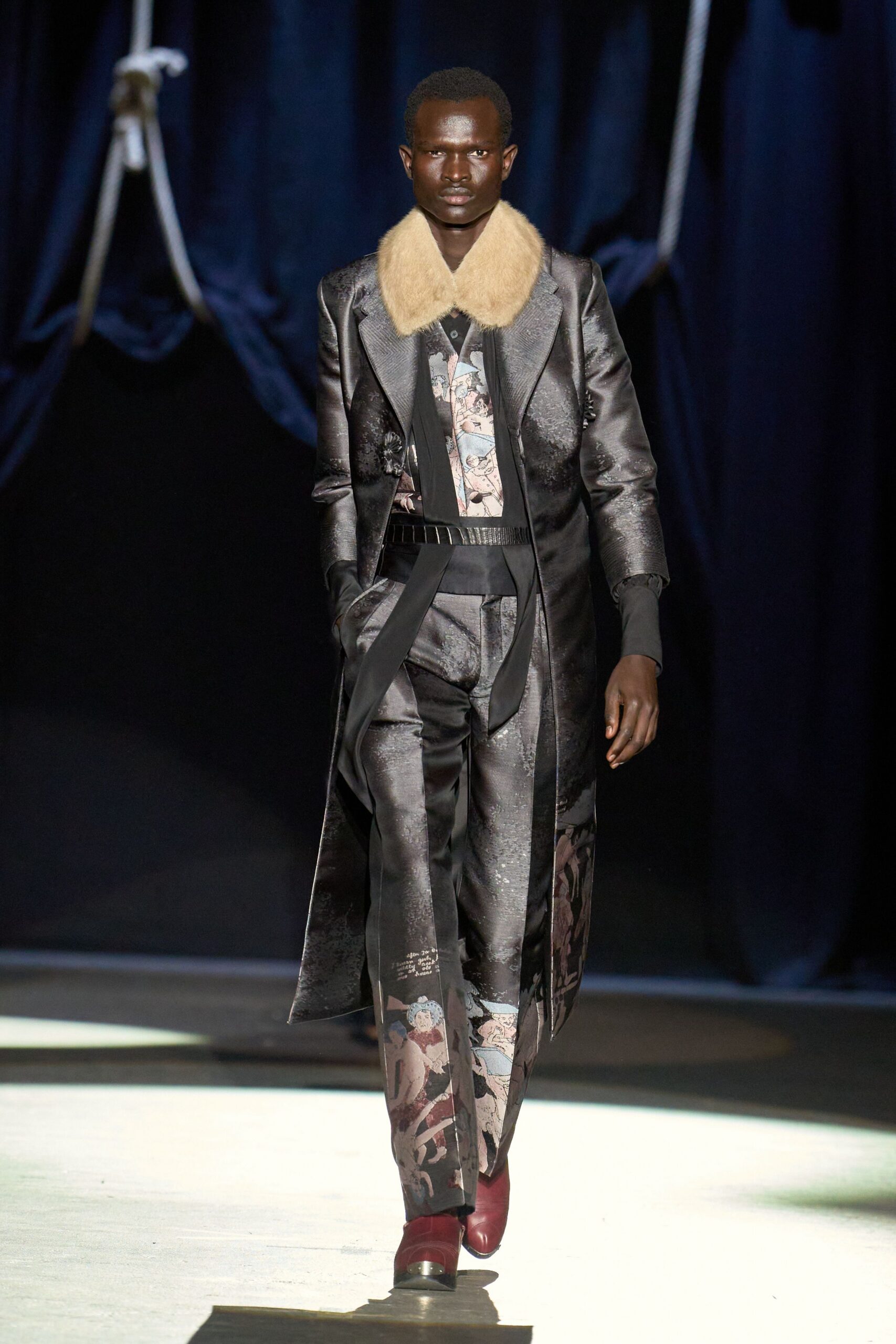 black silk long-sleeve collared fitted buttoned flared coat