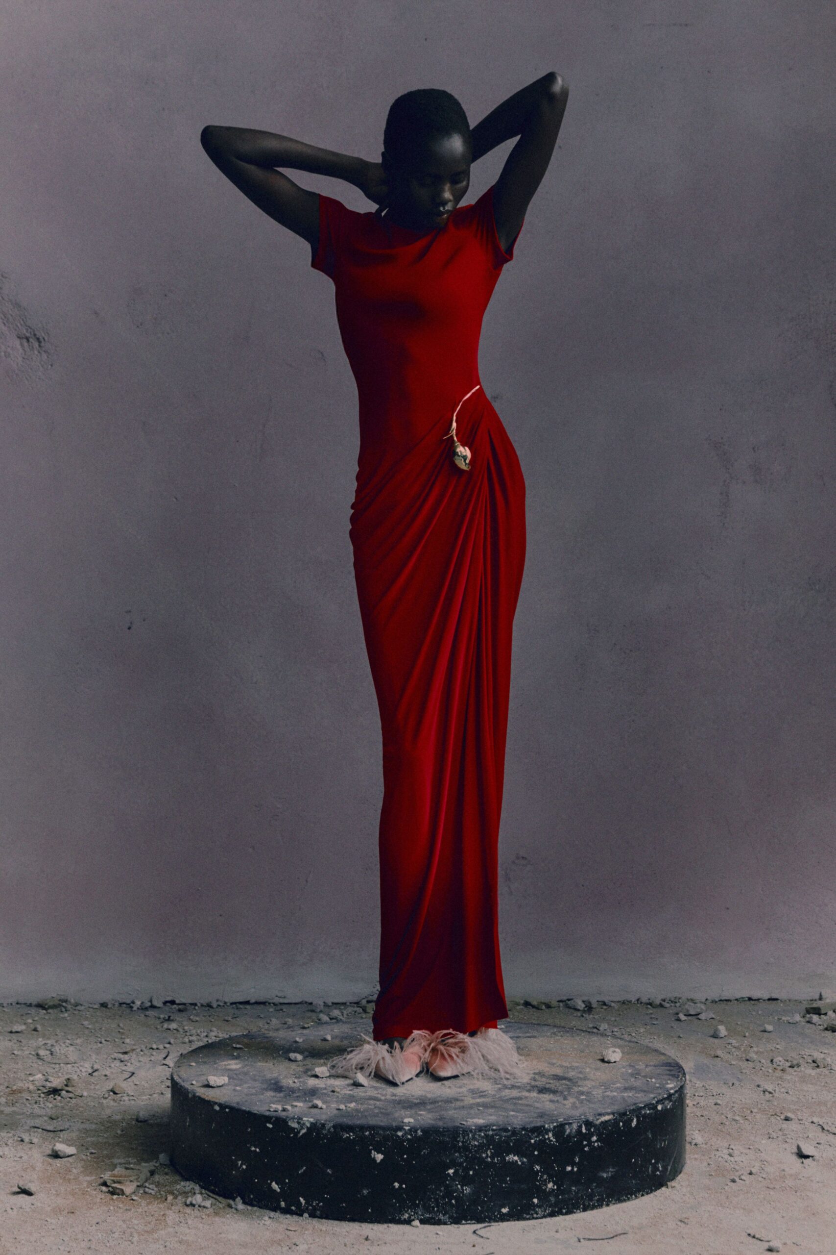 red silk short-sleeve v-neck fitted draped flowing gown