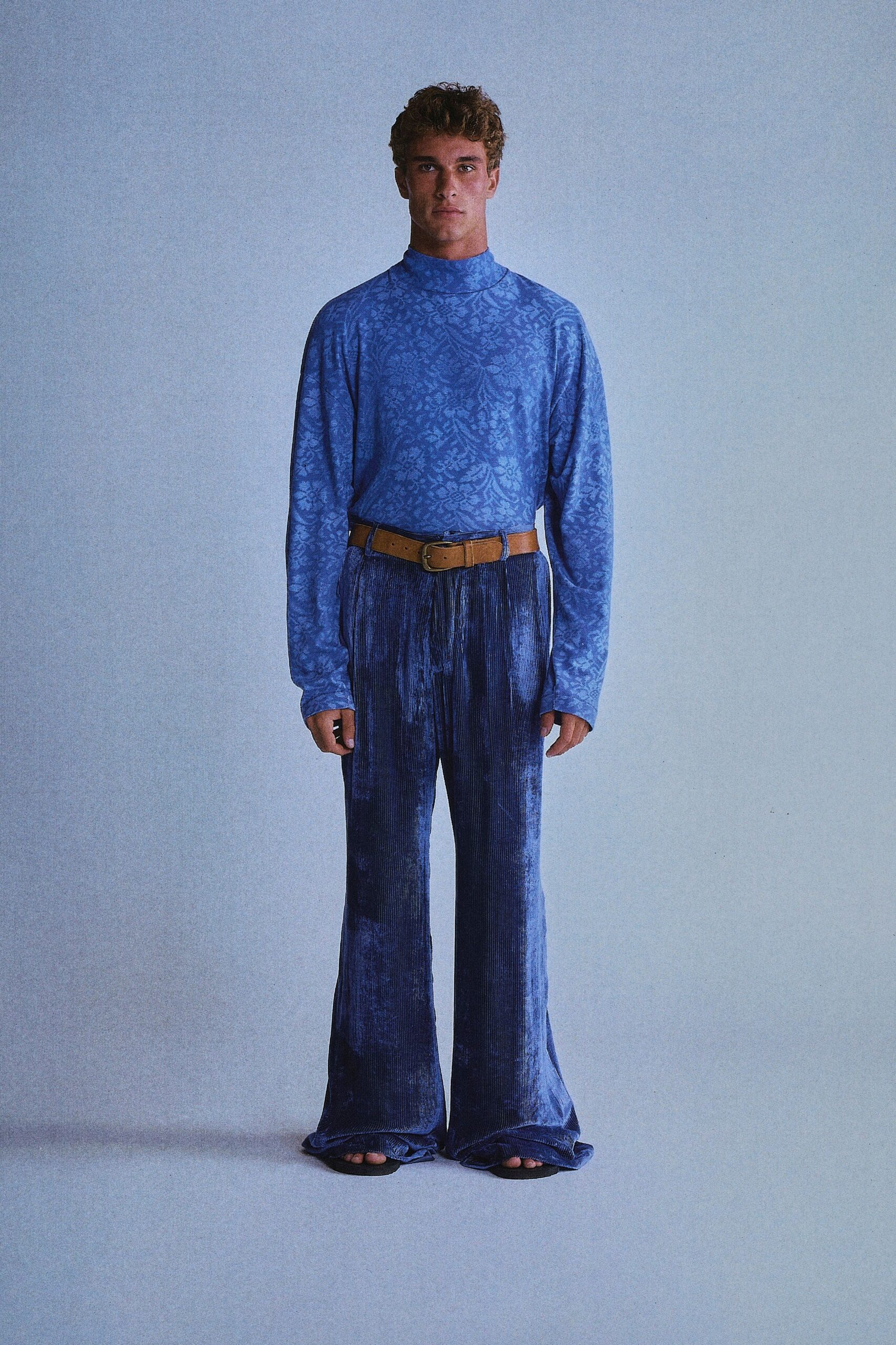 blue printed top with flared pants
