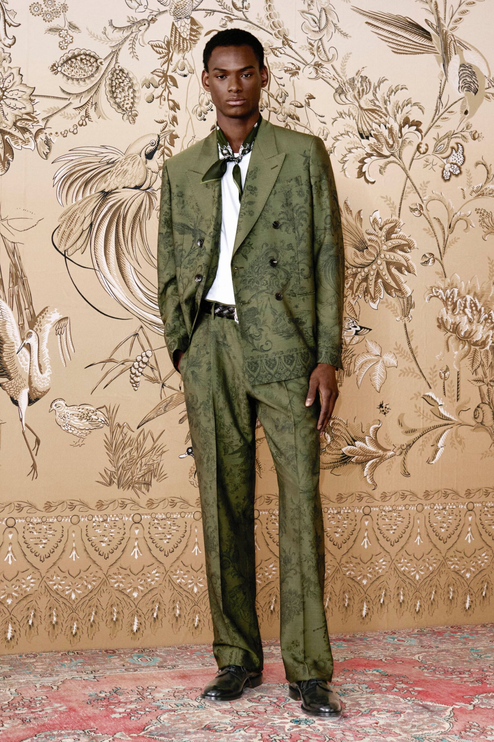 green printed tailored suit