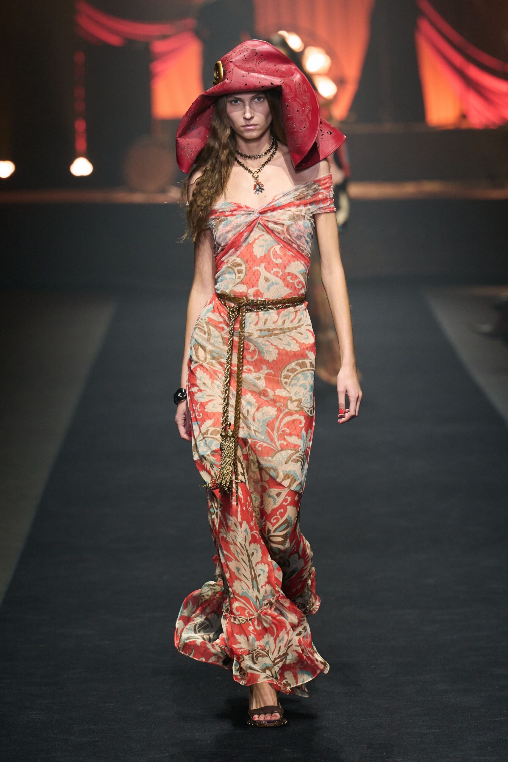 red silk off-shoulder fitted floral layered flowing gown