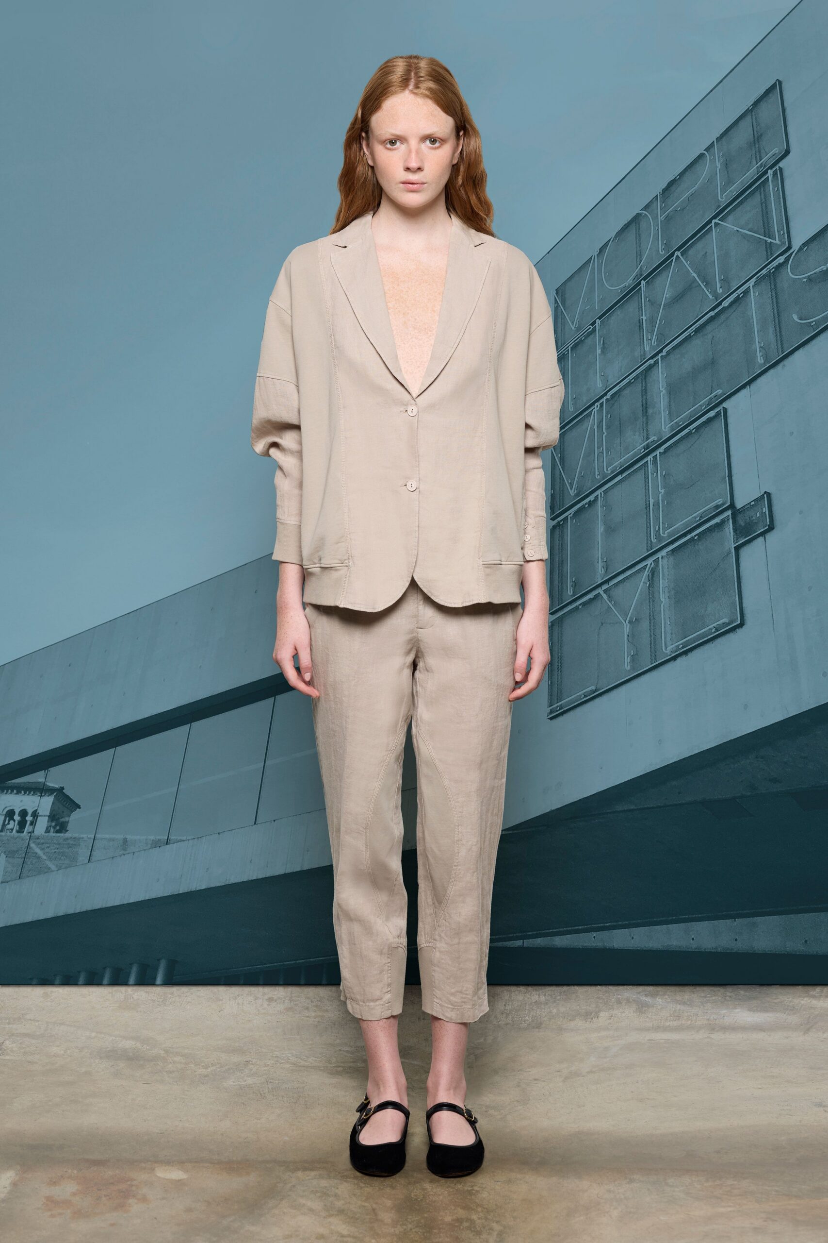 beige linen slim straight-leg pants
