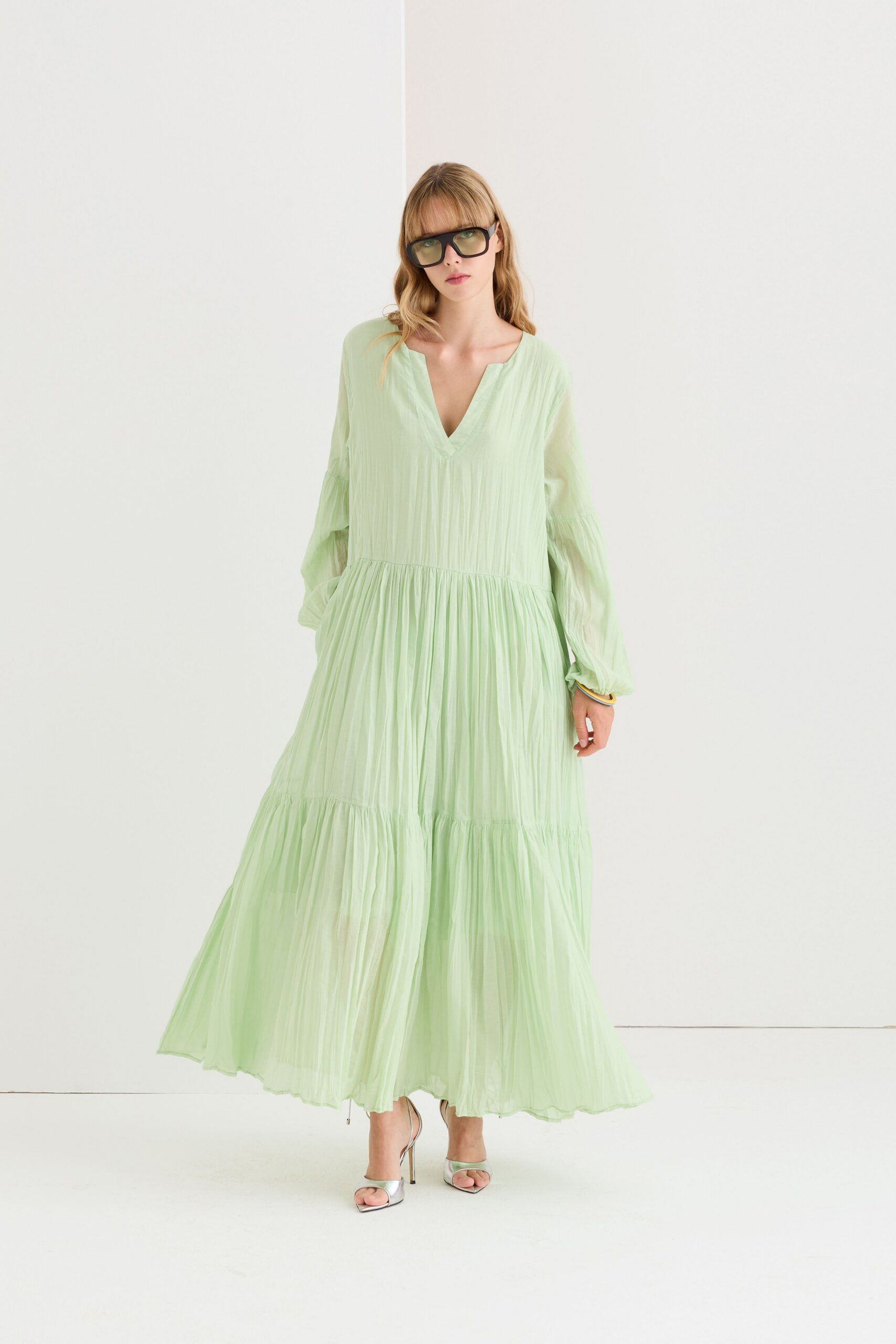 green chiffon long-sleeve v-neck relaxed pleated tiered dress