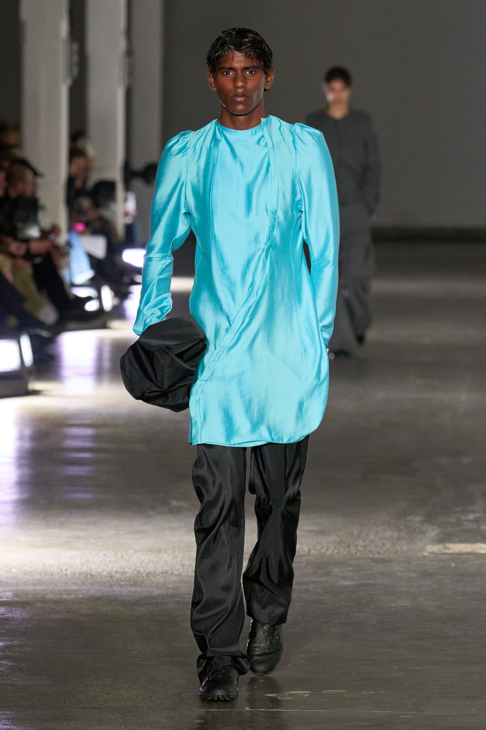 blue silk long-sleeve high-neck fitted draped shiny dress