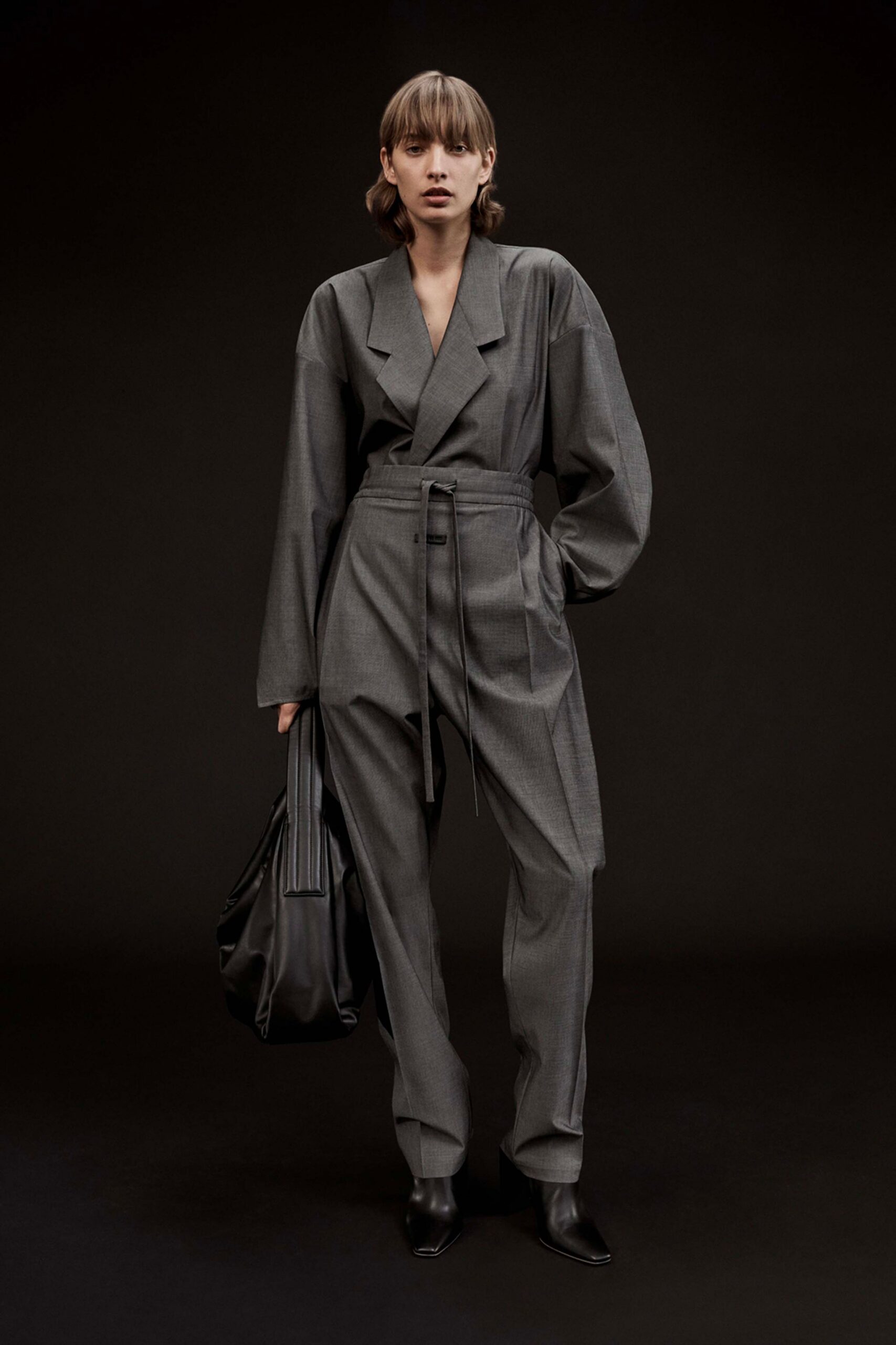 gray cotton long-sleeve collared relaxed belted jumpsuit