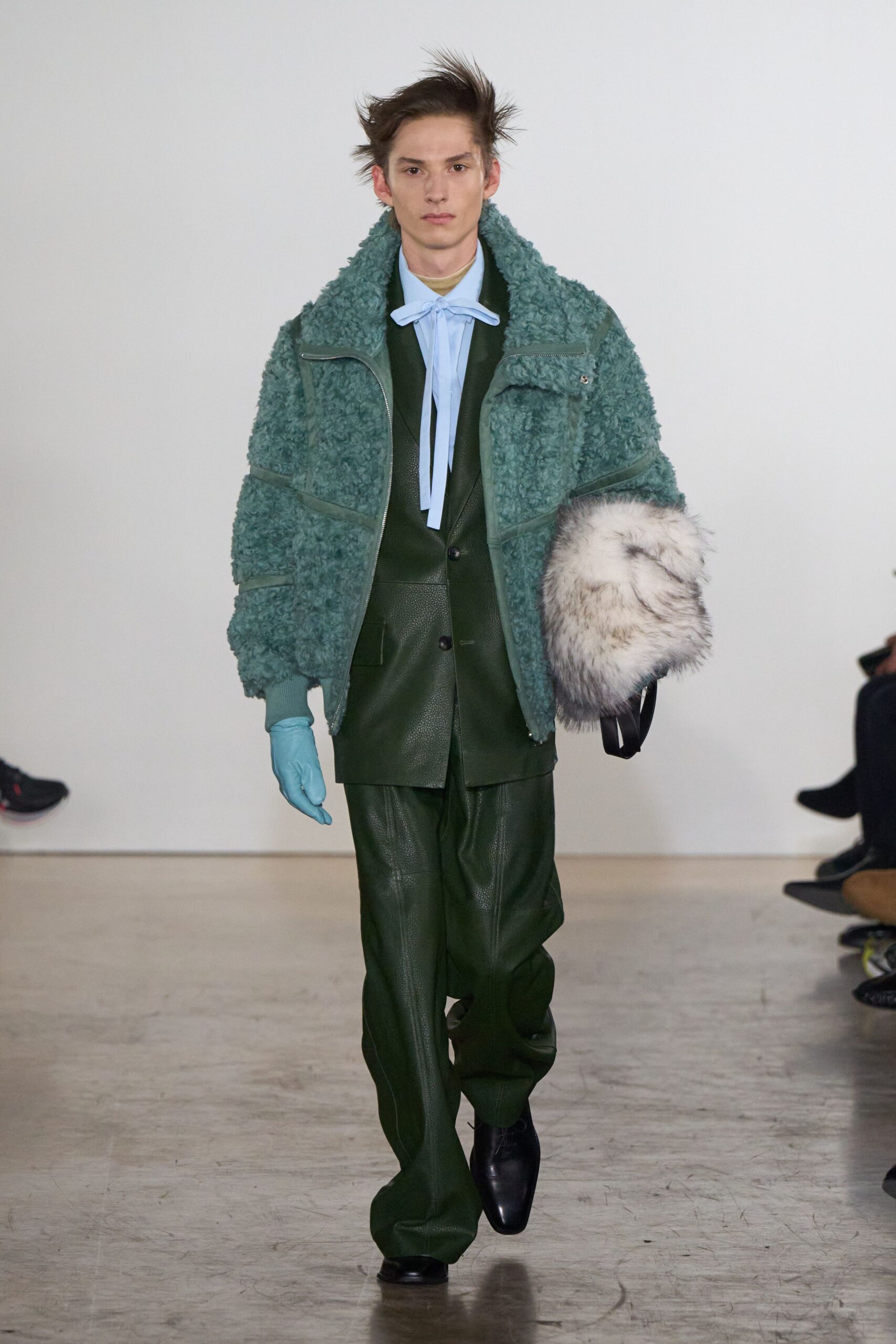 teal faux-fur long-sleeve oversized textured jacket