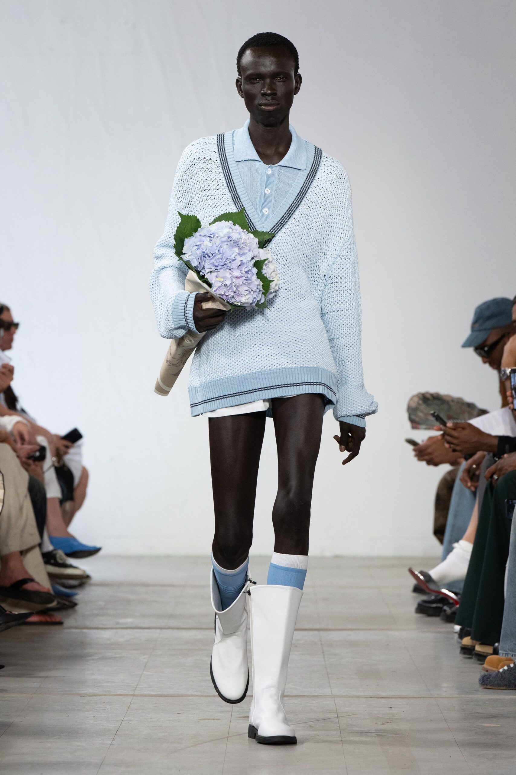 blue cotton long-sleeve collared relaxed layered short sweater