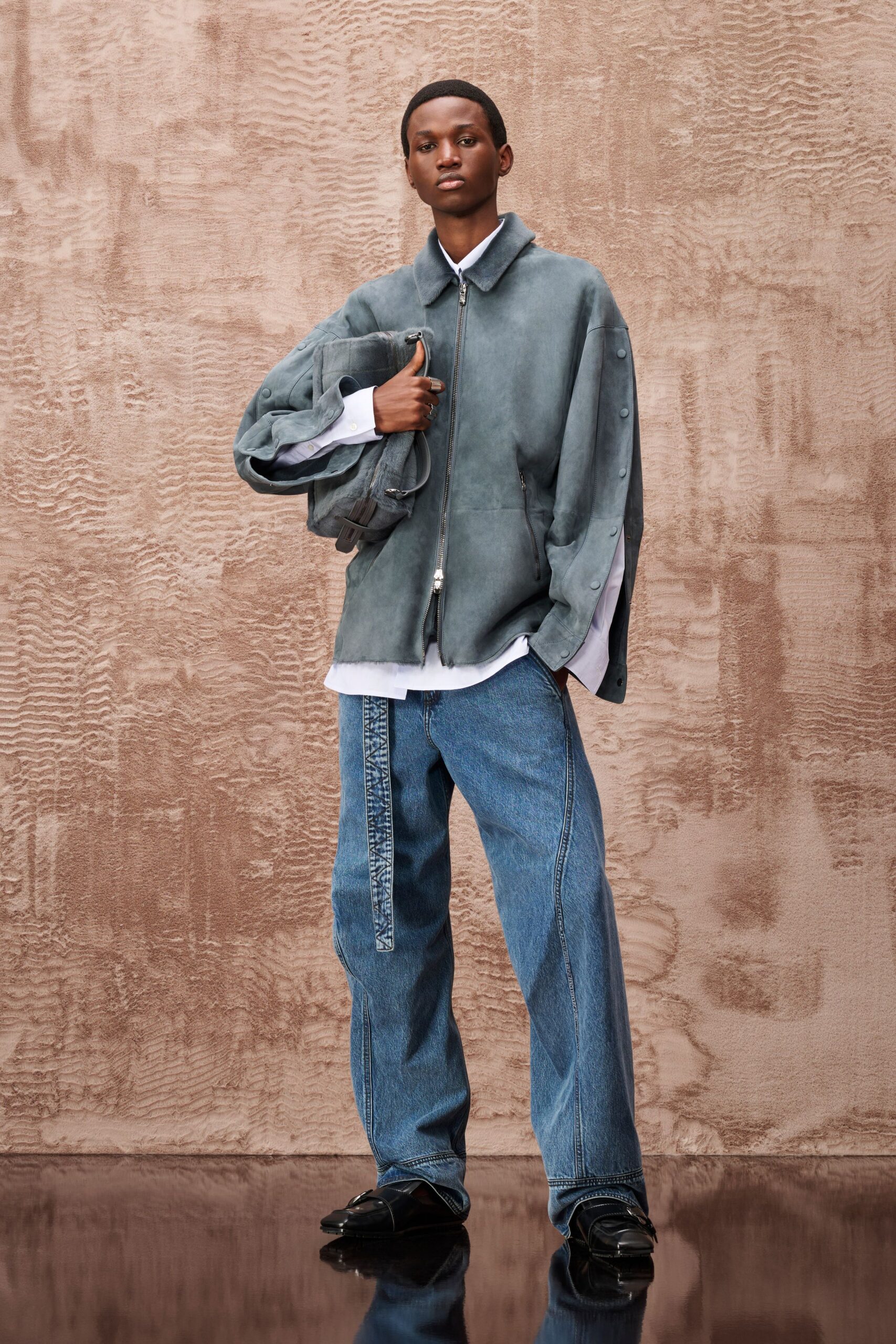 gray suede long-sleeve collared relaxed zippered jacket