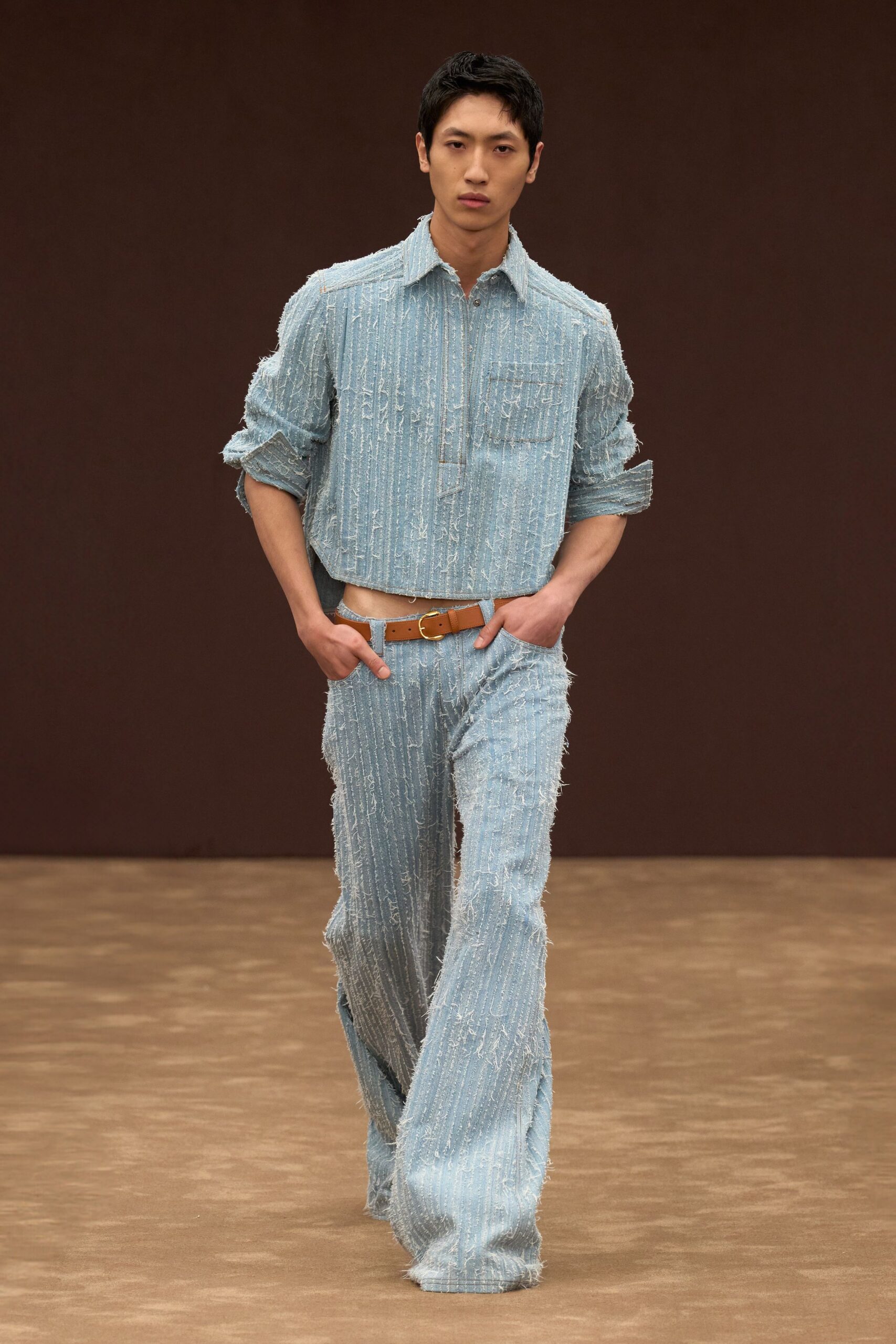 blue denim long-sleeve collared relaxed fringed cropped shirt
