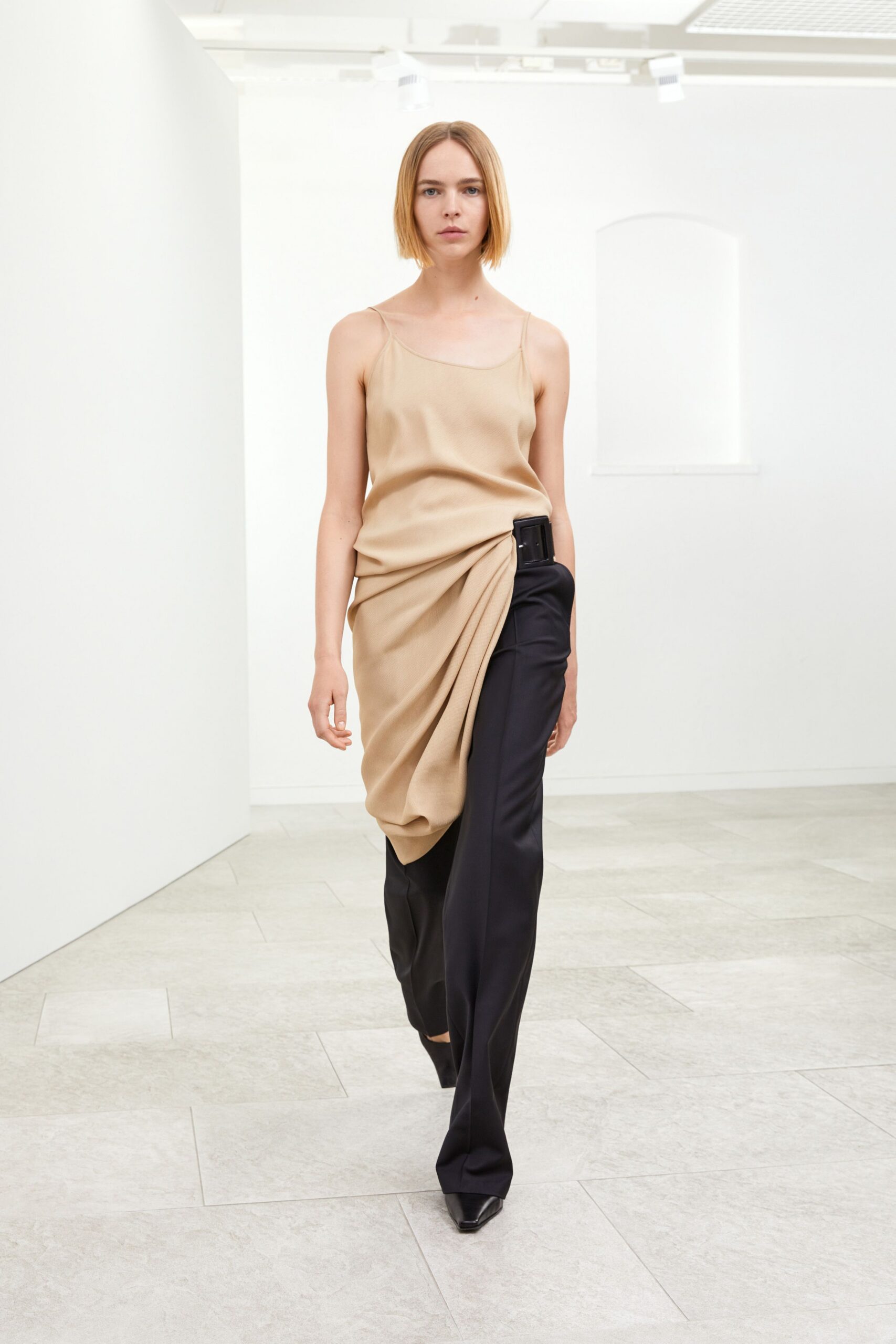 beige silk sleeveless scoop-neck fitted draped top