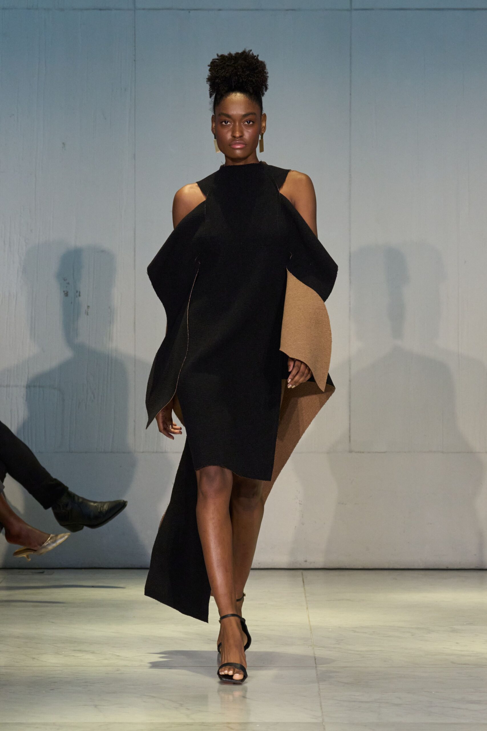 black and brown asymmetric midi dress