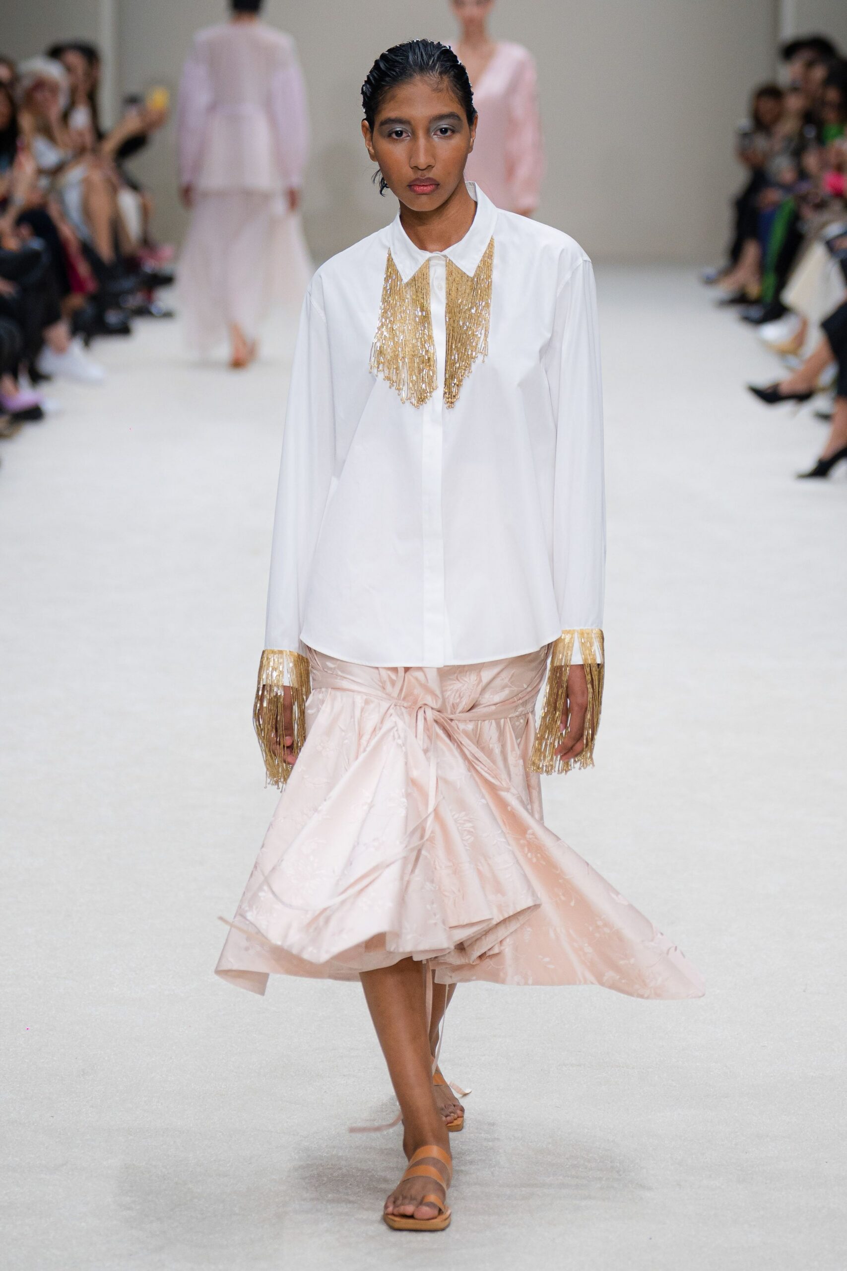 pink silk asymmetric relaxed pleated flowing skirt