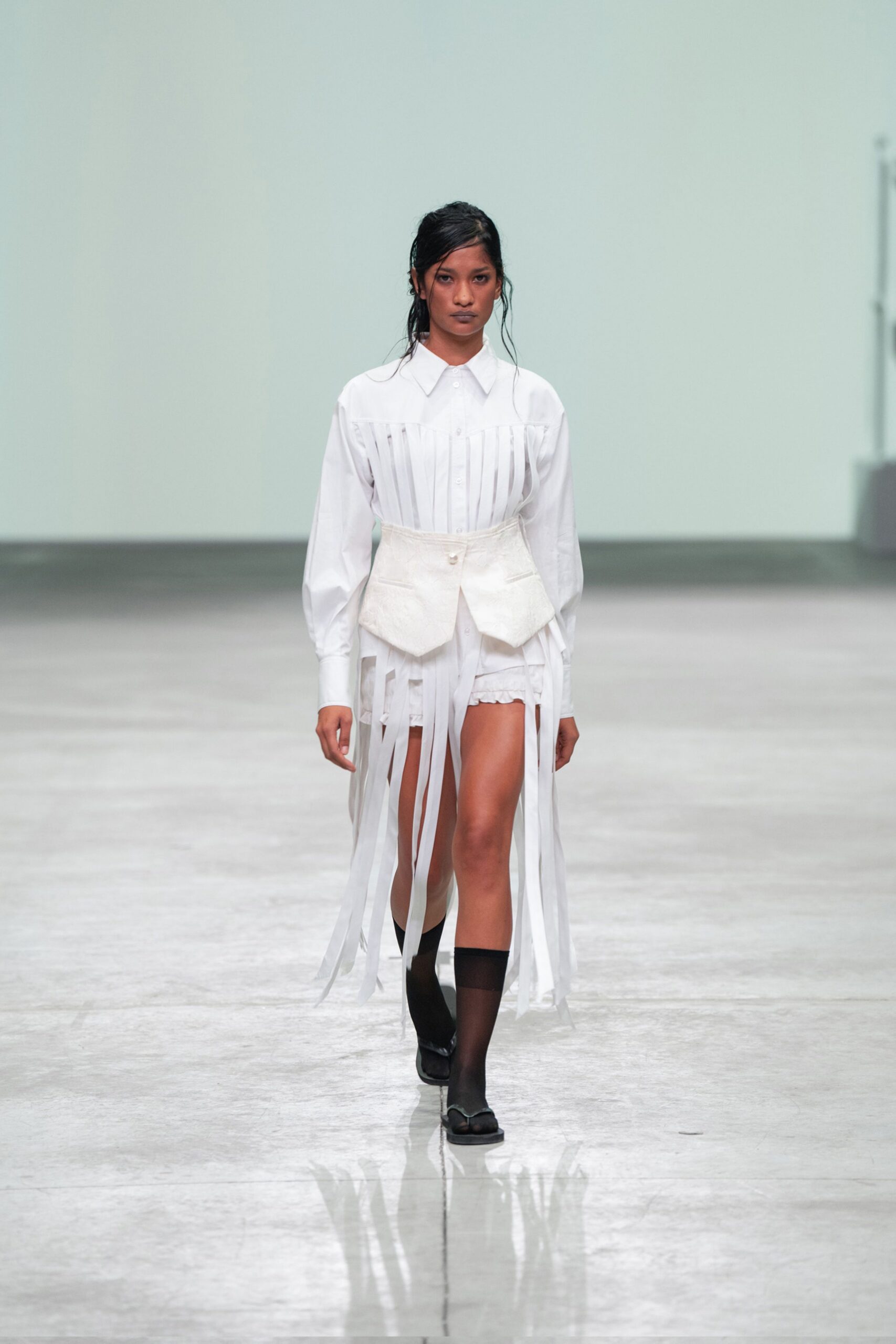 white cotton long-sleeve collared fitted pleated buttoned shirt-dress