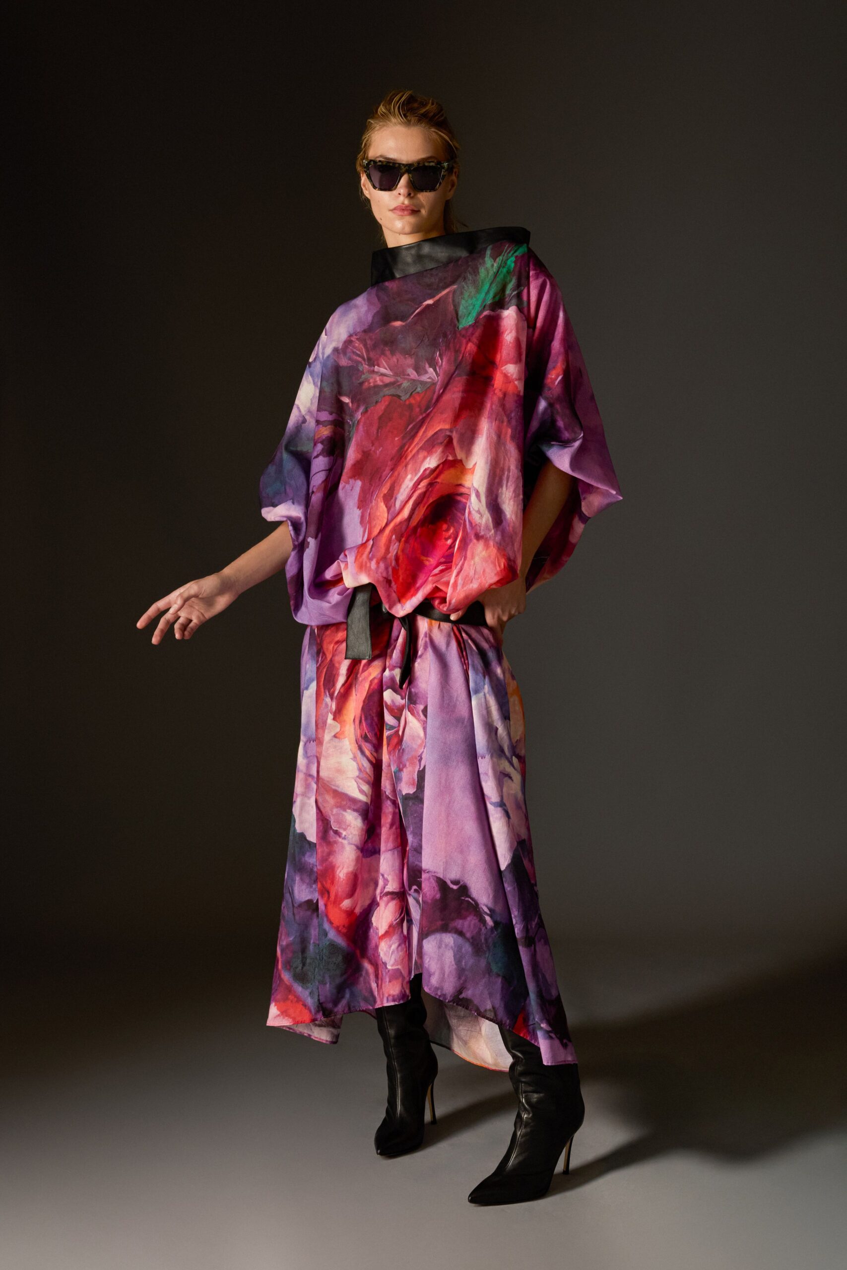 purple silk sleeveless high-neck relaxed flared layered dress
