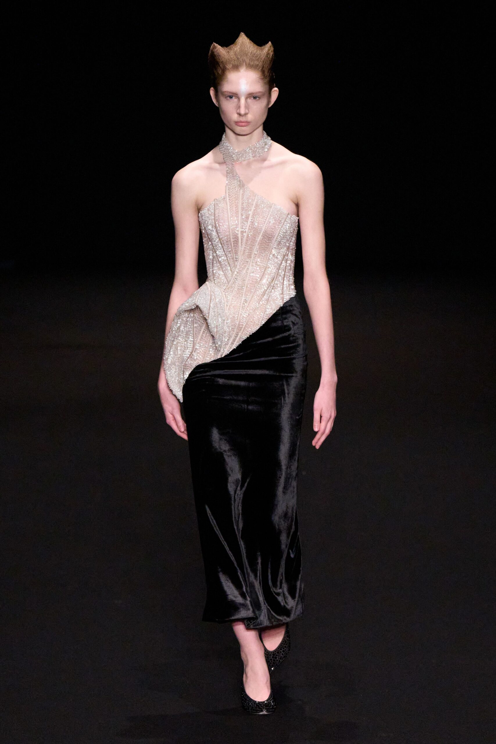black velvet gown with high-neck