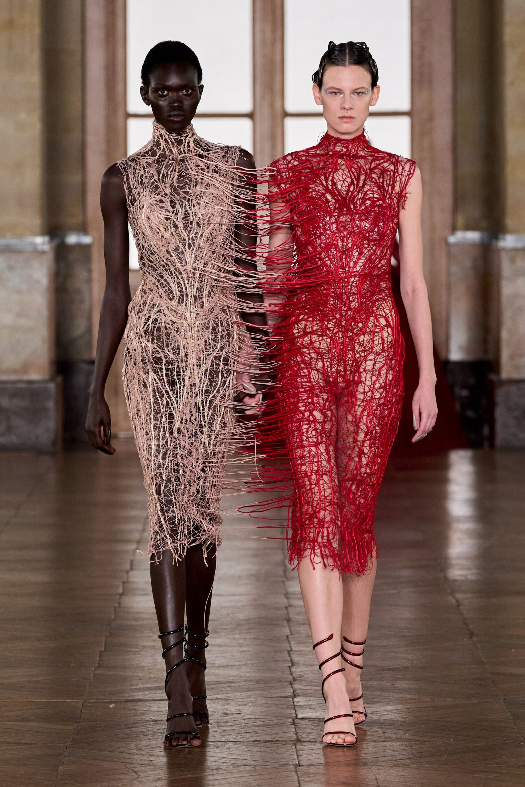 red lace sleeveless high-neck fitted midi dress