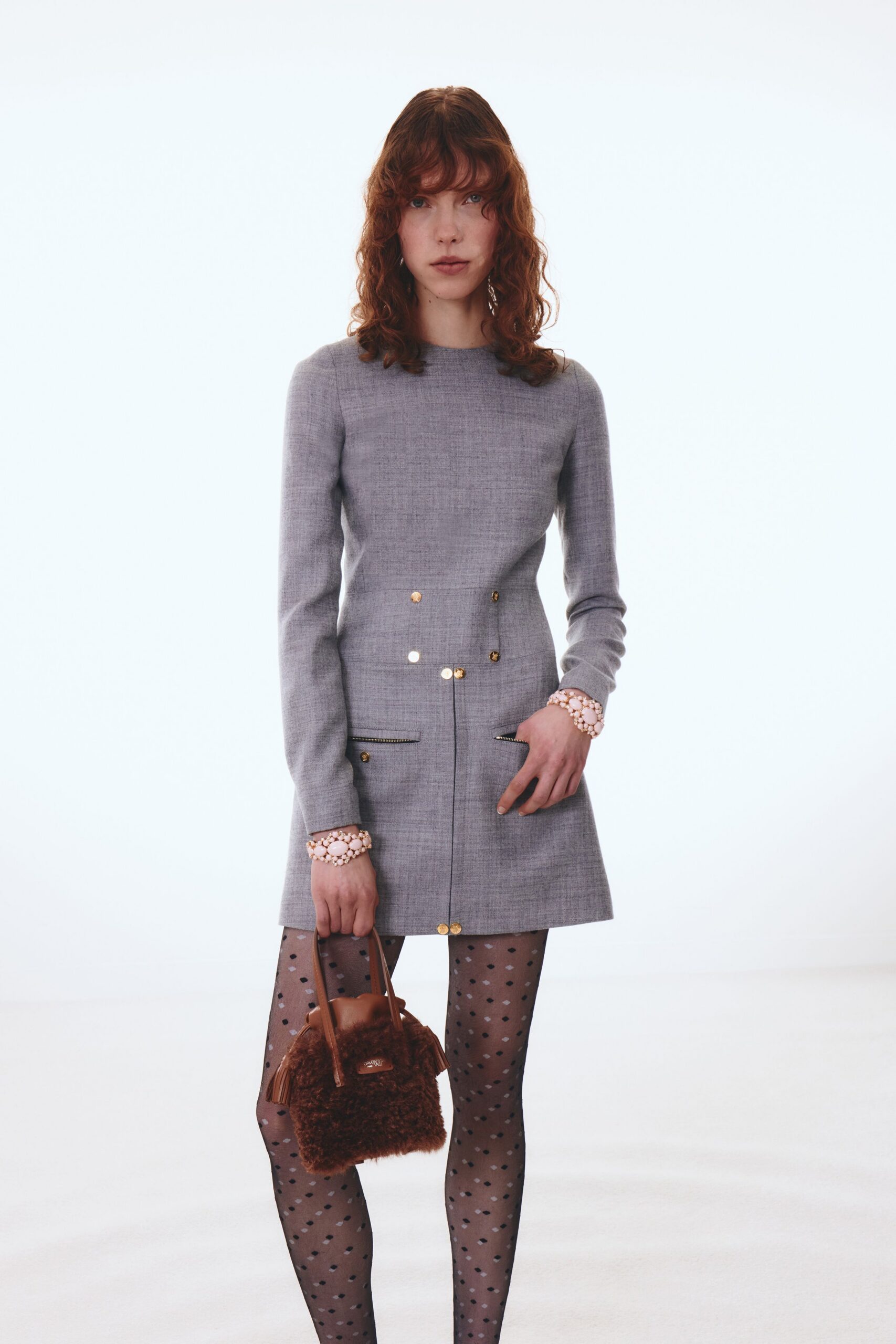 gray fitted mini-dress with bag