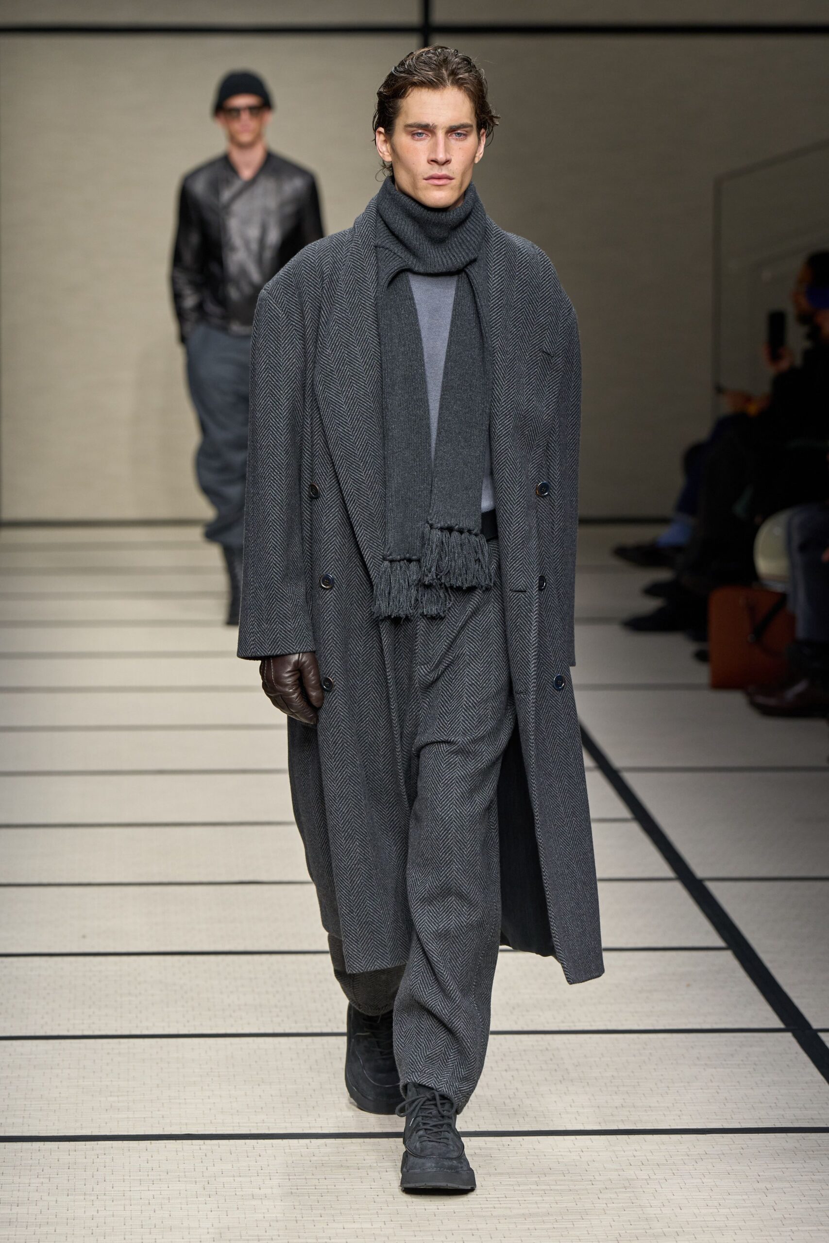 gray wool tailored high-waisted pleated pants
