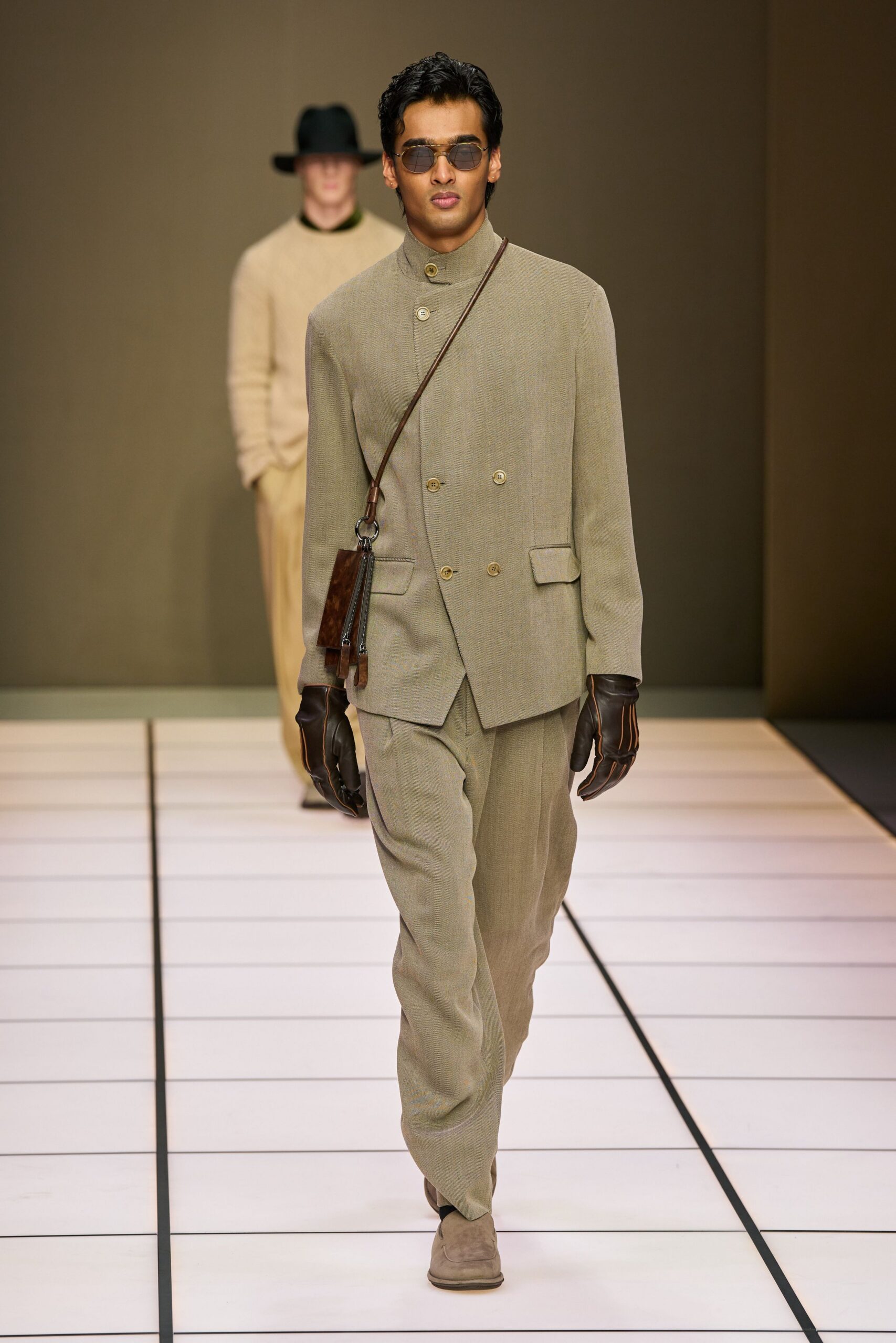 beige tailored suit with accessories