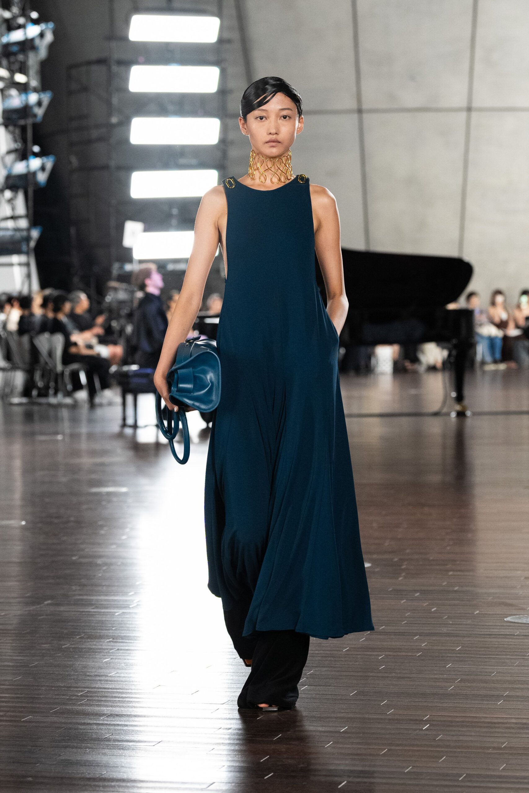 teal silk sleeveless high-neck relaxed draped flowing dress