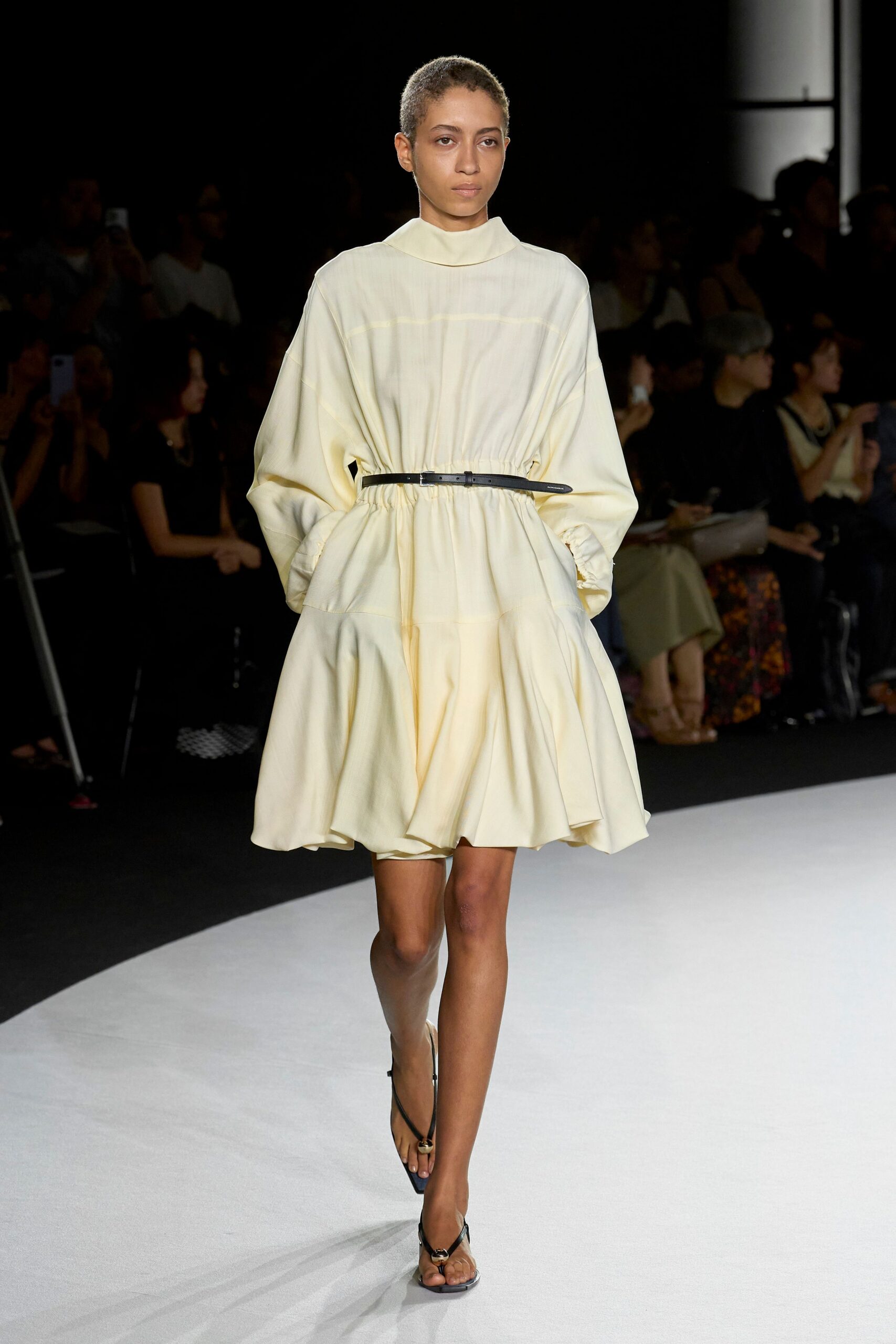 yellow cotton long-sleeve collared relaxed pleated belted dress