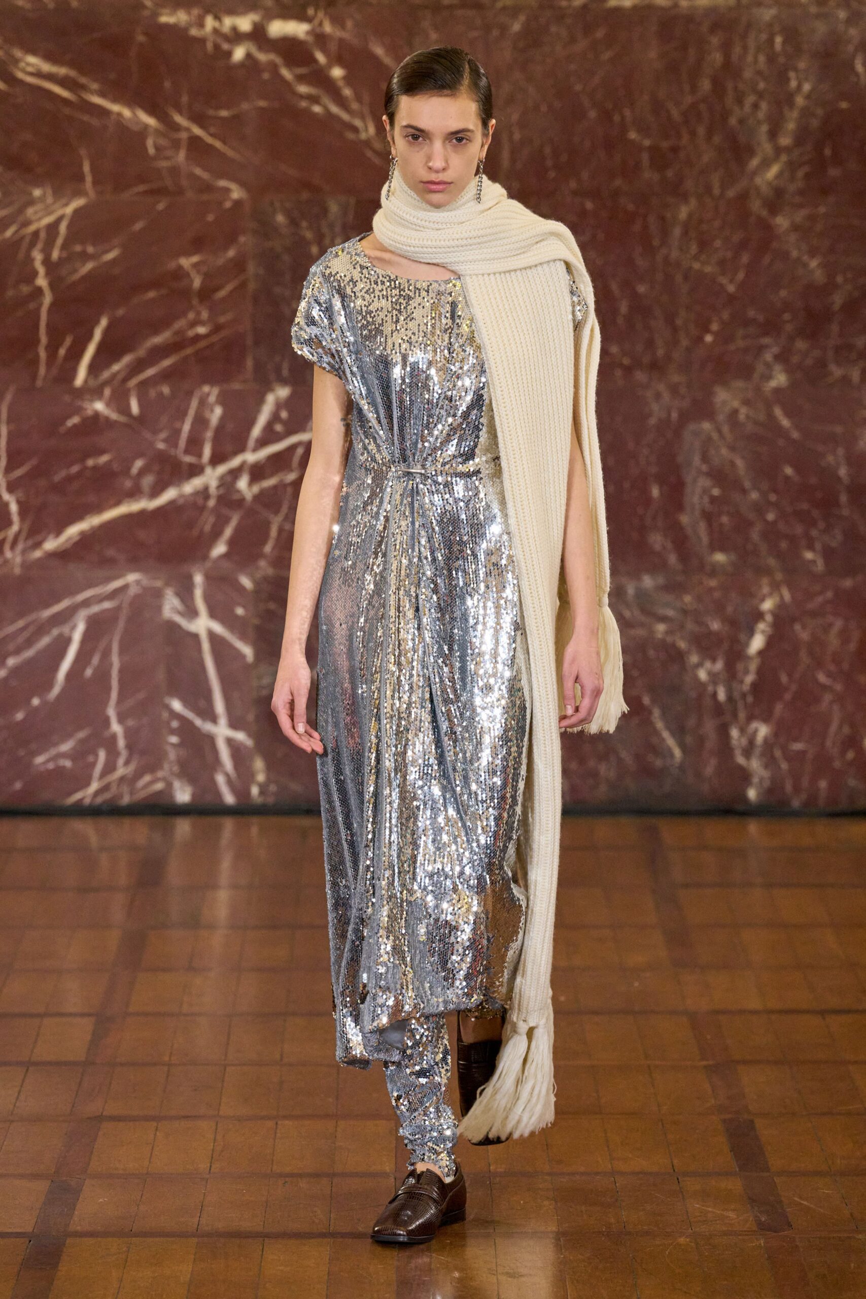 gray sequin short-sleeve v-neck fitted draped shiny dress