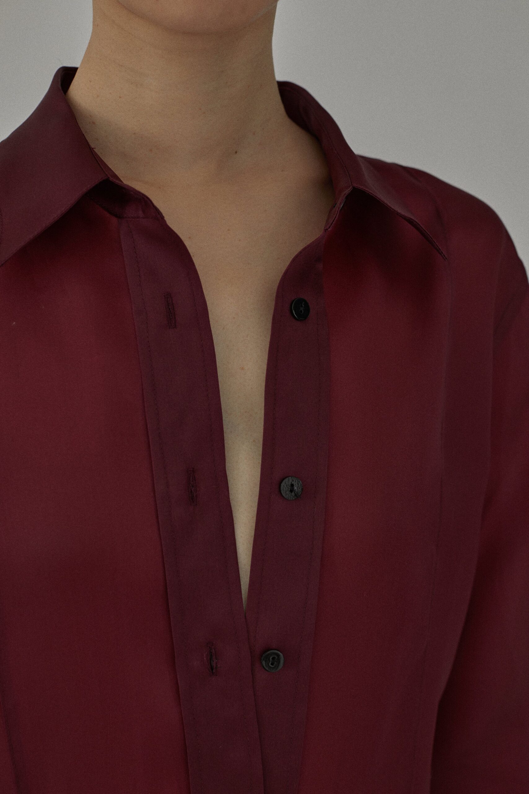 fitted red silk shirt