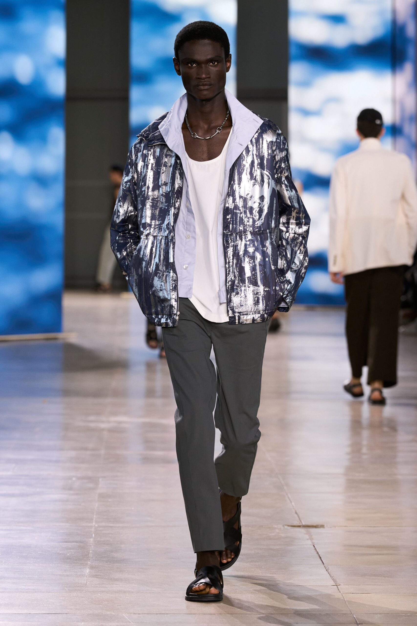 blue metallic long-sleeve collared relaxed zippered shiny jacket