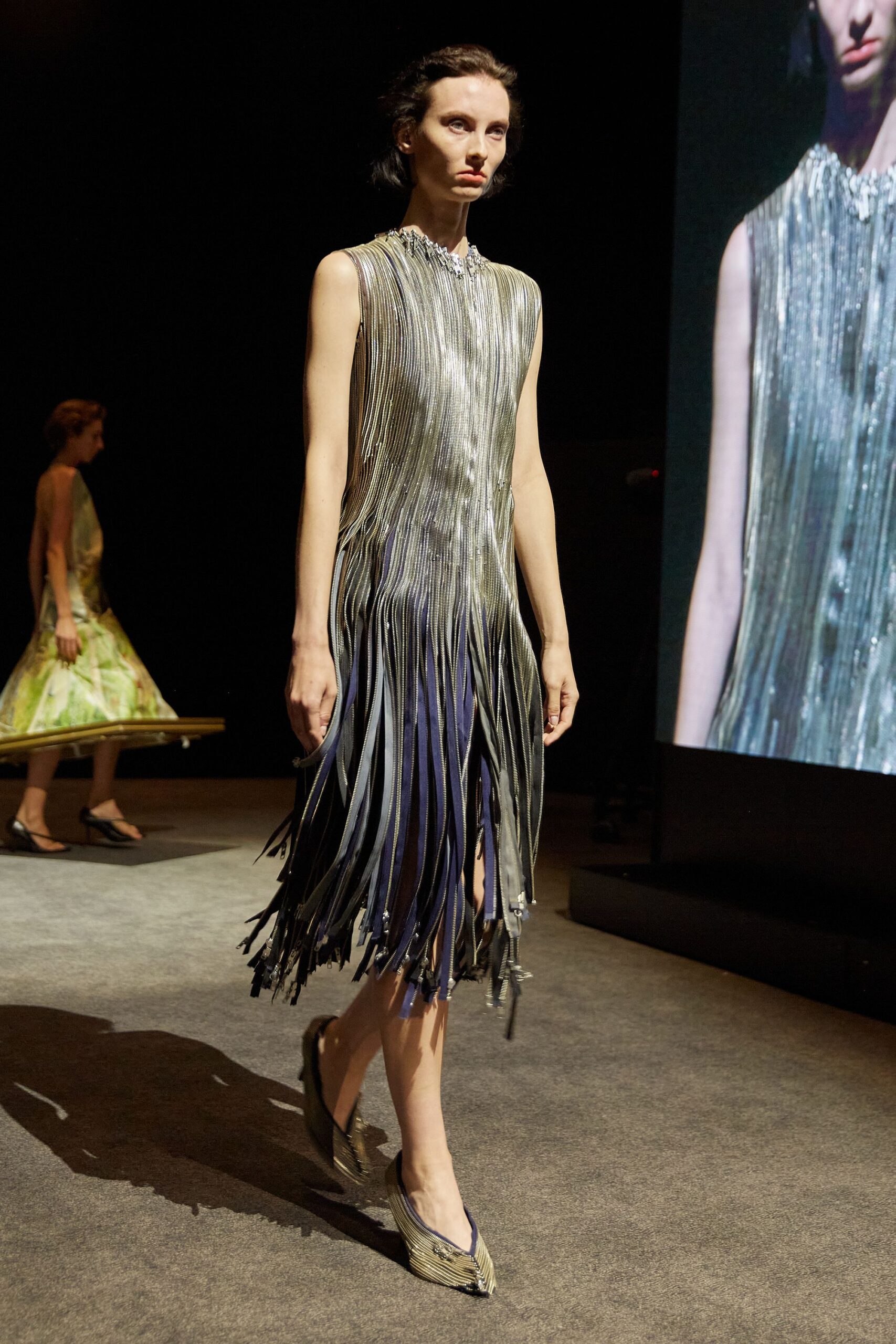 silver fringed midi dress with shoes